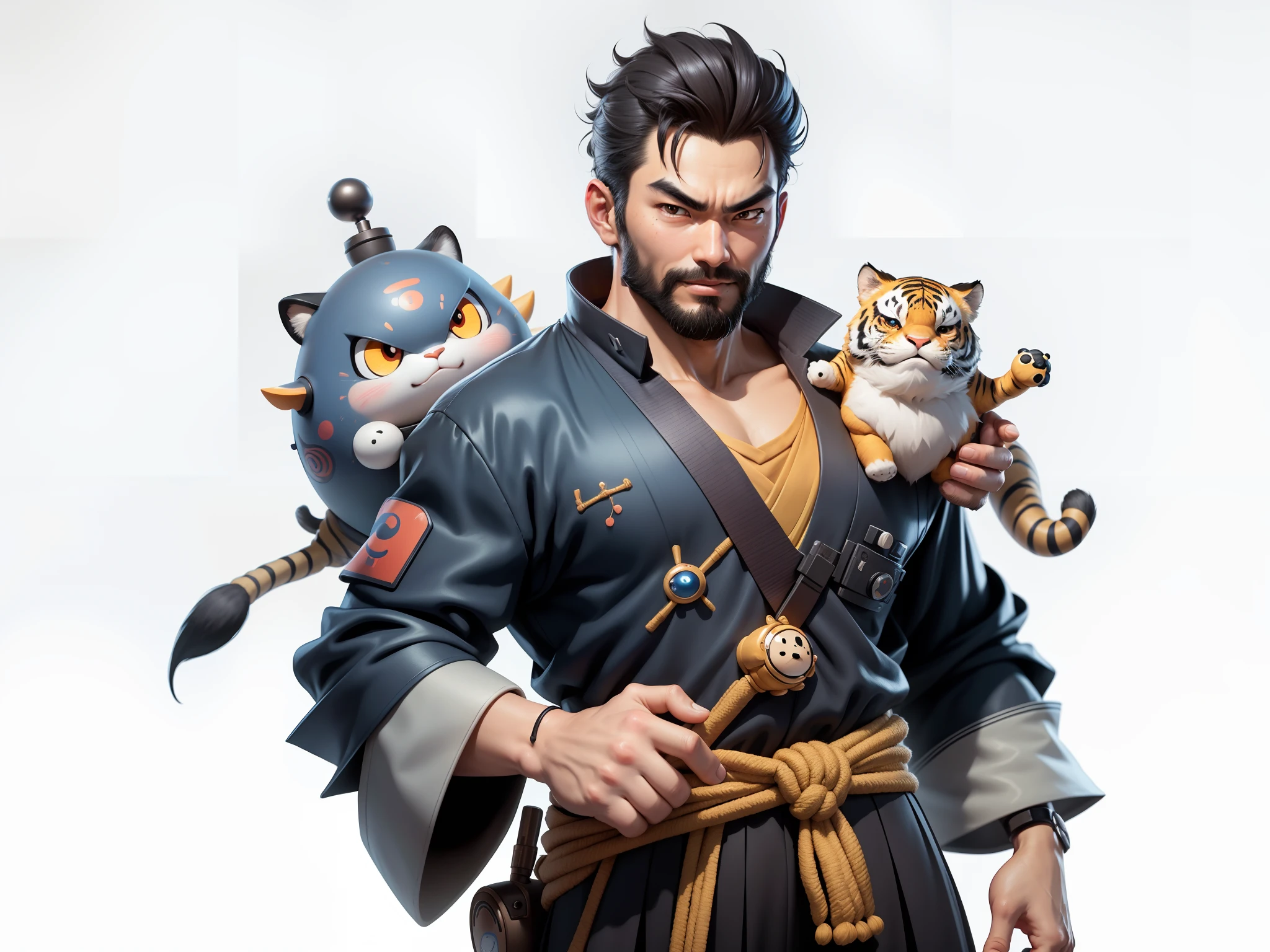 (Daisaku),(Need),(Super meticulous),(full bodyesbian:1.2),Super young man with Japanese geisha,Beautiful,orient,one tiger,Aeolian Thor,Raised sexy,爆乳,Oriental face,TV Anchor,Bust portrait illustration,In black suit,a blue tie,The face is slightly chubby,The face was clean,without a beard,Black super short hair,Black eyes,Smile confidently,3C computer sub-products,iPad, iphone,Digital painting,3D character design by Mark Clairen and Pixar and Hayao Miyazaki and Akira Toriyama,The illustration is a high-definition illustration in 4K resolution,With very detailed facial features and cartoon-style visuals。