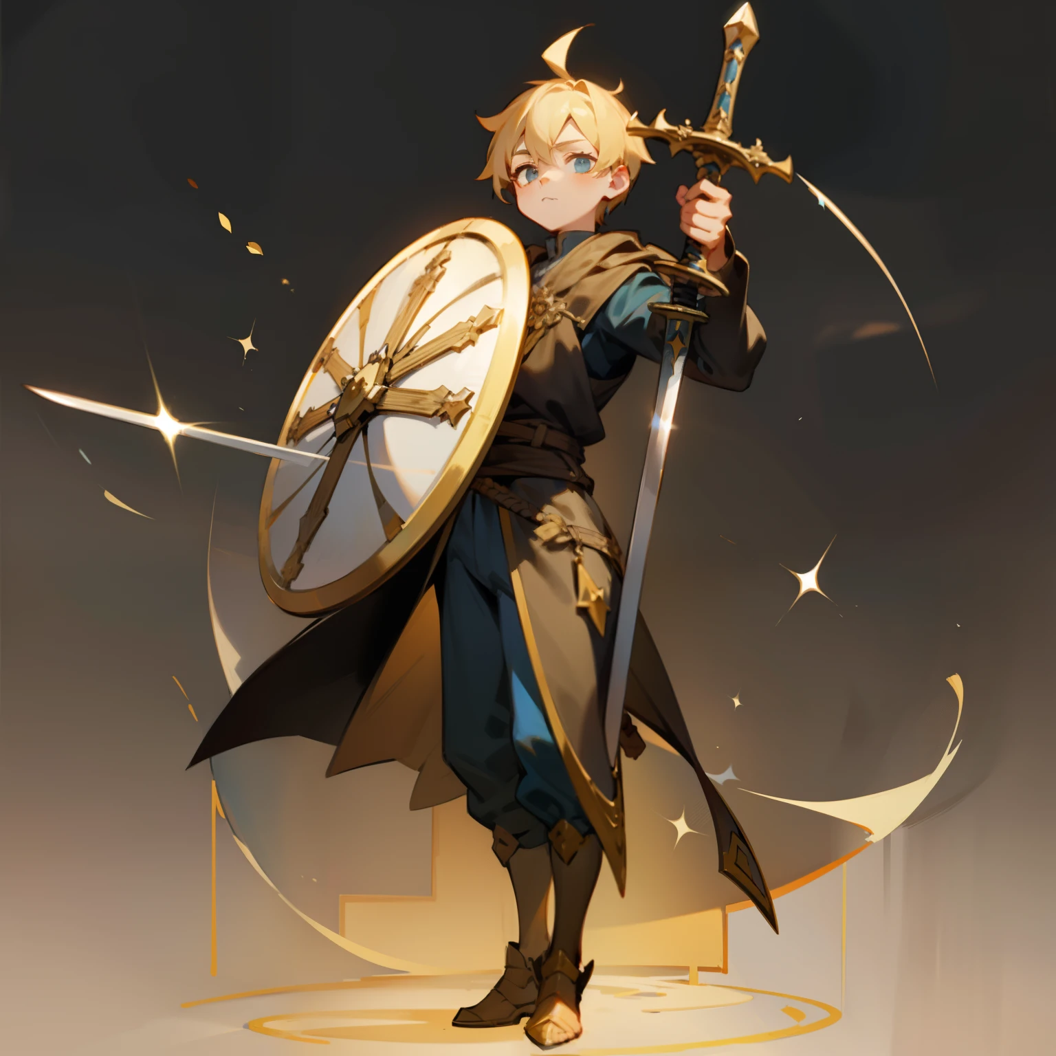 A boy holds a sword and shield,Full body like,Cute version,standing on your feet,European Middle Ages,Short body