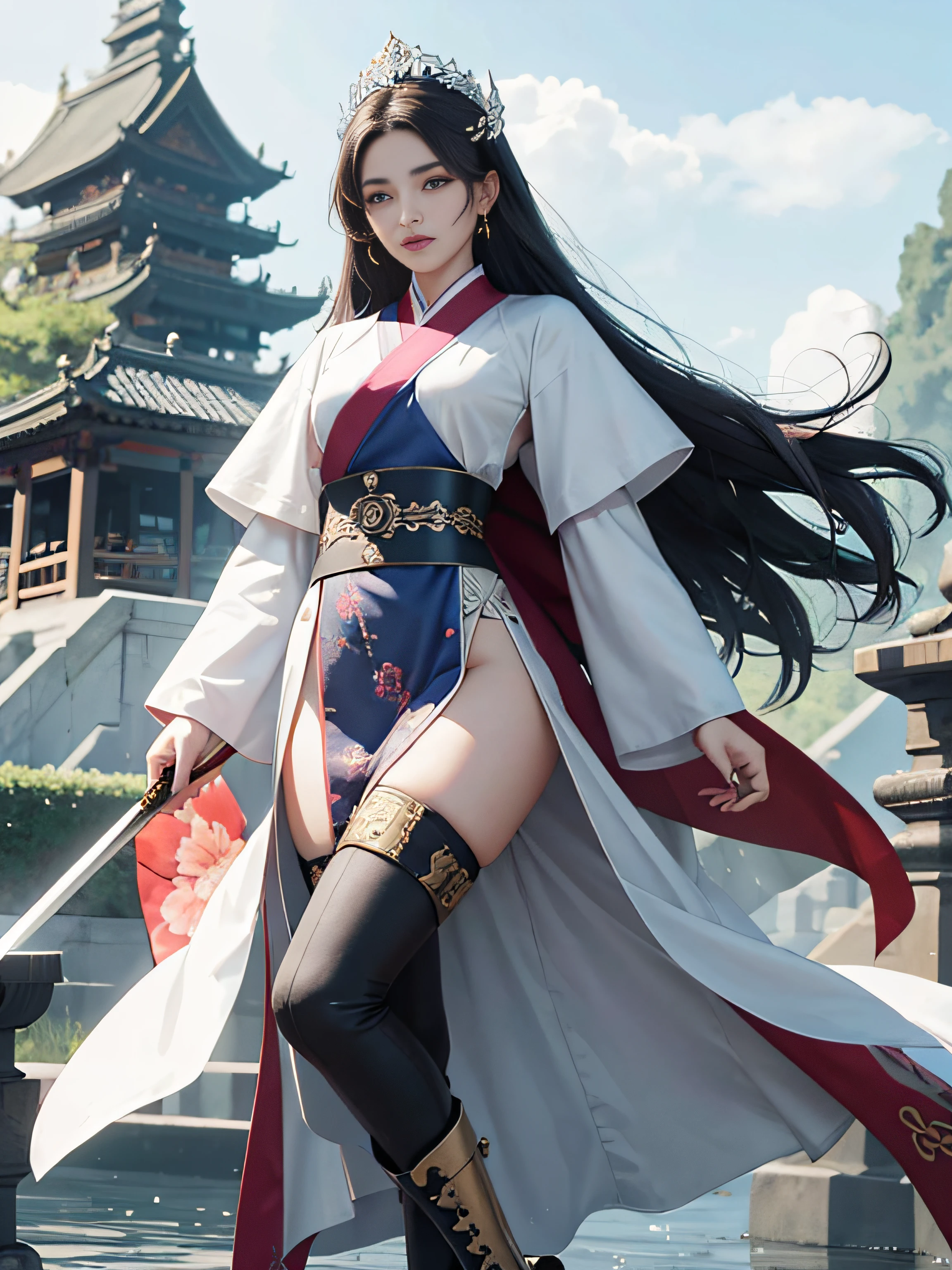 Royal sister，swordsmen，Big sister type，Oriental women，gallant woman，A female disciple of the Emei School，Cold sass，tmasterpiece，A high resolution,,Absolutely beautiful,，looking toward the viewer，full bodyesbian，frontage，（Wide buttock：1.3），（Thick legs：1.4），are standing，cruel grin，exquisitedetails,A high resolution,Wallpapers,，（Wear boots），Show off the boot look，（Knee-length stockings exposed），All over pale pink Hanfu，ancient wind，Hanfu，Wear long pants，floral patterns，clubs，Wide waistband，The emblem of the Emei faction，Hair is usually black or dark brown，simple tiara，Like a hairpin、hairpins, etc，Beautiful appearance，Good facial features，The eyes are shining，with fair skin，Plump body，Act lightly，Like a fairy。natural poses，standing on your feet，sword sheath， Fanning，16K，HDR，A high resolution，depth of fields，Bocoon，prime time，Vignette，rainbowing