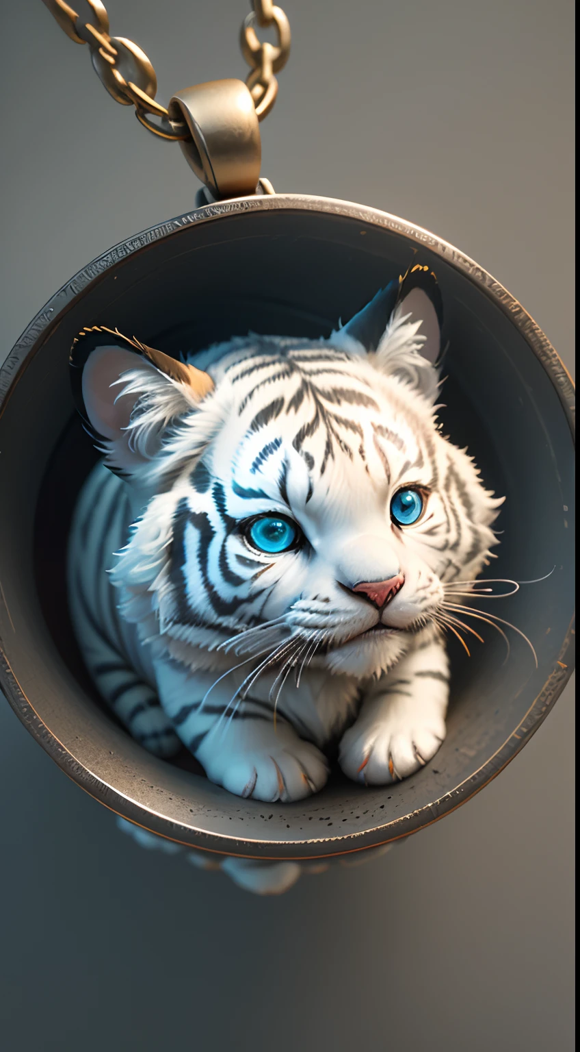 cute tiny hyperrealistic white tiger with different color eyes waring a necklace, Chibi, adorable and fluffy, logo design, cartoon, cinematic lighting effect, charming, 3D vector art, cute and quirky, fantasy art, bokeh, hand-drawn, digital painting, soft lighting, isometric style, 4K resolution, photorealistic rendering, highly detailed clean, vector image, photorealistic masterpiece, professional photography, simple space backdrop, flat white background, isometric, vibrant vector