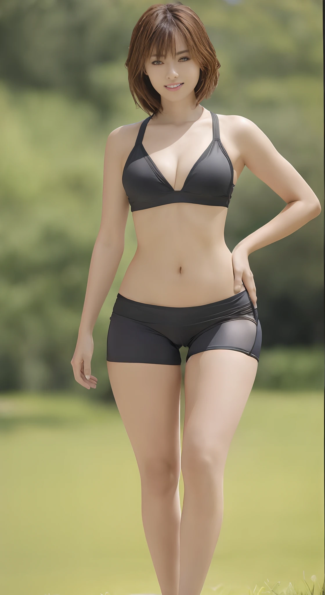 arafed woman in a black bikini and black panties posing for a picture, photorealistic perfect body, photo of slim girl model, smooth body features, tight black tank top and shorts, model with attractive body, attractive body, sultry body with sexy belly, perfect body, sport bra and shorts, realistic shaded perfect body, good hips and long legs, realistic bikini