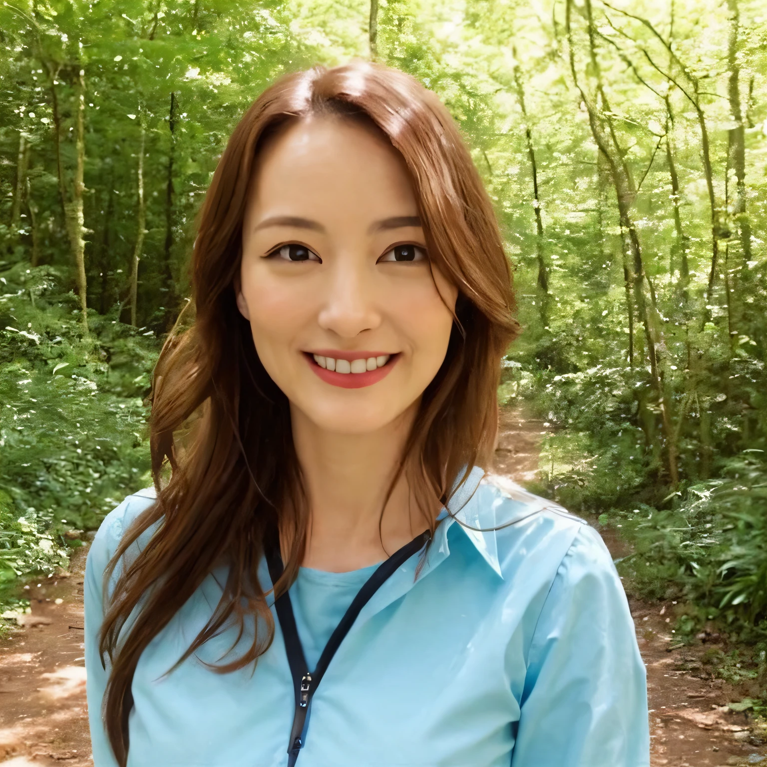 masterpiece、top-quality、Beautiful woman at 40 years old、Beautuful Women、camp、Bright daytime outdoor、A 40-year-old woman、plein air、There is a tent in the distance、Smiling a little