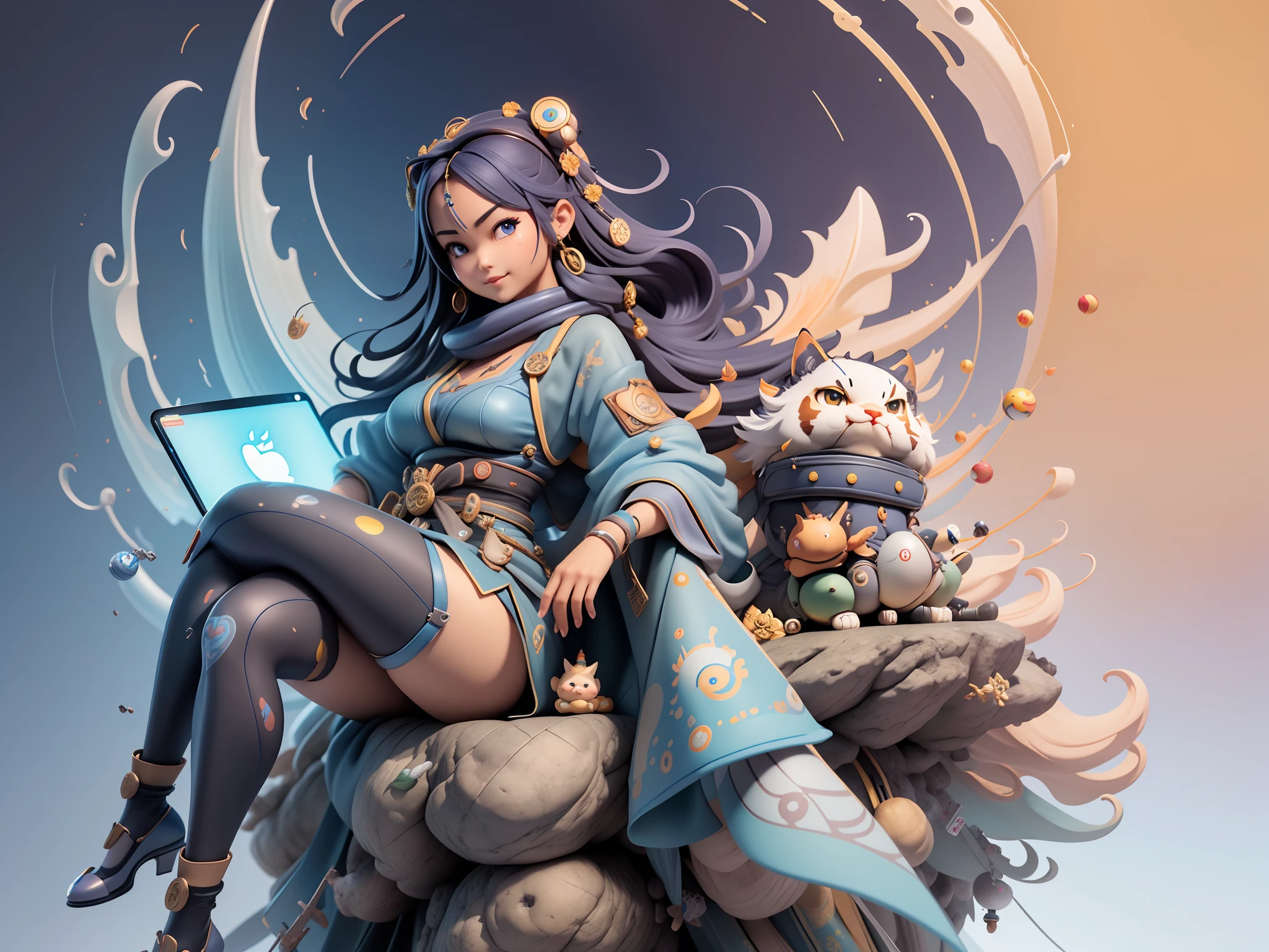 (Masterpiece), (Excellent), (Super Meticulous), (Full Body: 1.2), Super Young woman, sexzy sitting Oriental Face, Indian saree, small breast,Japanese Wind Thunder God, Dragon, Tiger, TV Anchor, Bust Portrait Illustration, Alone, Black Suit, Blue Tie, Slightly Chubby Face, Very Clean Face,, Black Super long Hair, blue Eyes, Confident Smile, 3c Computer Sub-Products, iPad, iPhone, Digital Painting, 3D Character Design by Akira Toriyama and Mark Claireden and Pixar and Hayao Miyazaki, The illustration is a high-definition illustration in 4K resolution with very detailed facial features and cartoon-style visuals.