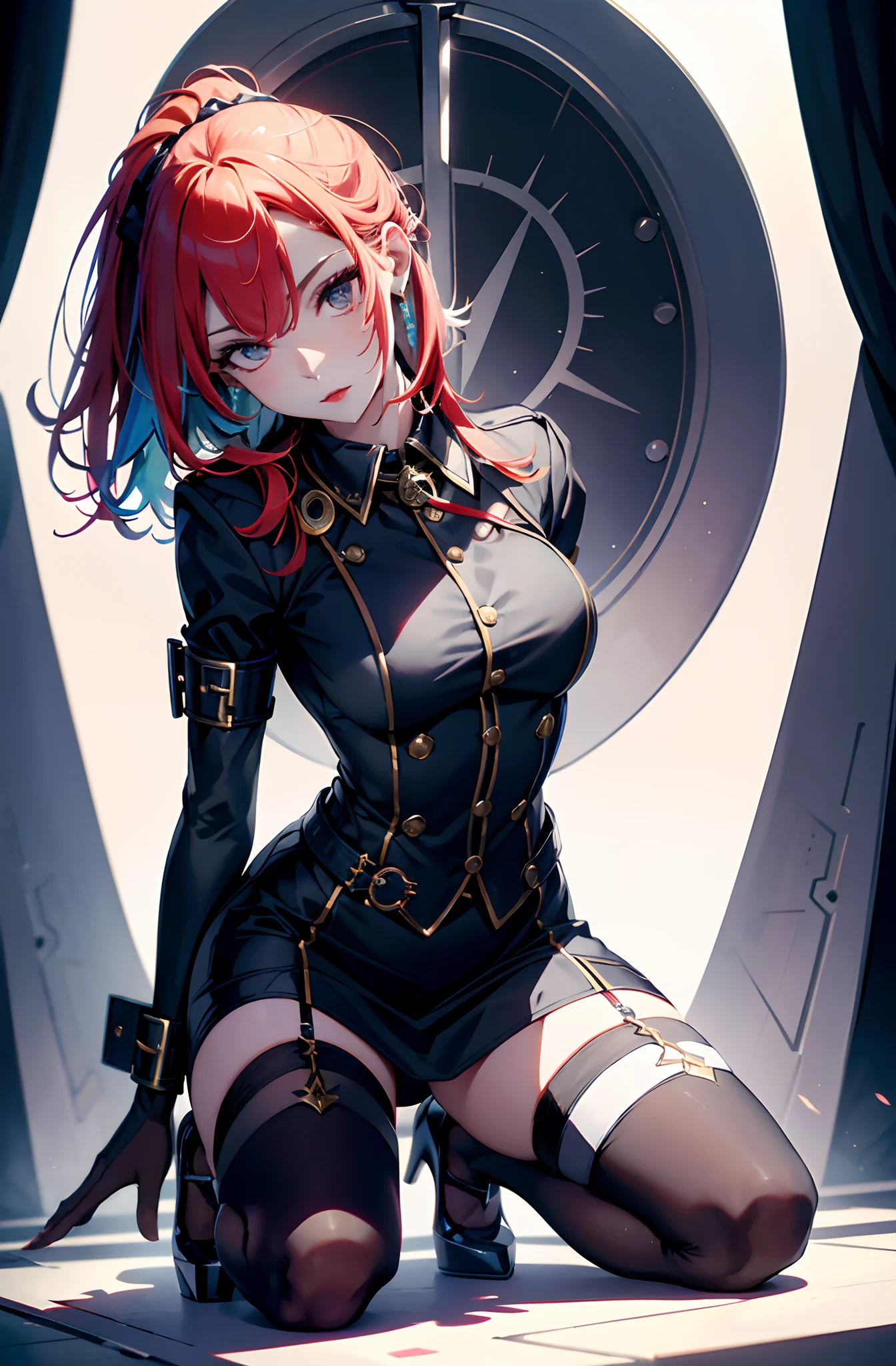 best qualityer，tmasterpiece，Ultimate resolution，downy，Extremely colorful，stewardess，Beauty severed head，Normal posture，Redlip，Collar，Kneeling pose，（Kneel），shackle，behead，behead，guillotine，Collar，handcuff，Anklets，（white stockings），high-heels，Normal posture