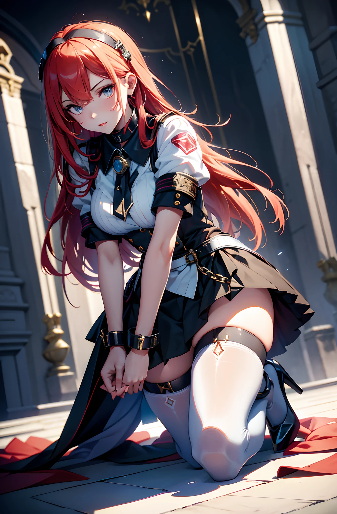 best qualityer,tmasterpiece,Ultimate resolution,downy,Extremely colorful,stewardess,Beauty severed head,Normal posture,Redlip,Collar,Kneeling pose,(Kneel),shackle,behead,behead,guillotine,Collar,handcuff,Anklets,(white stockings),high-heels,Normal posture