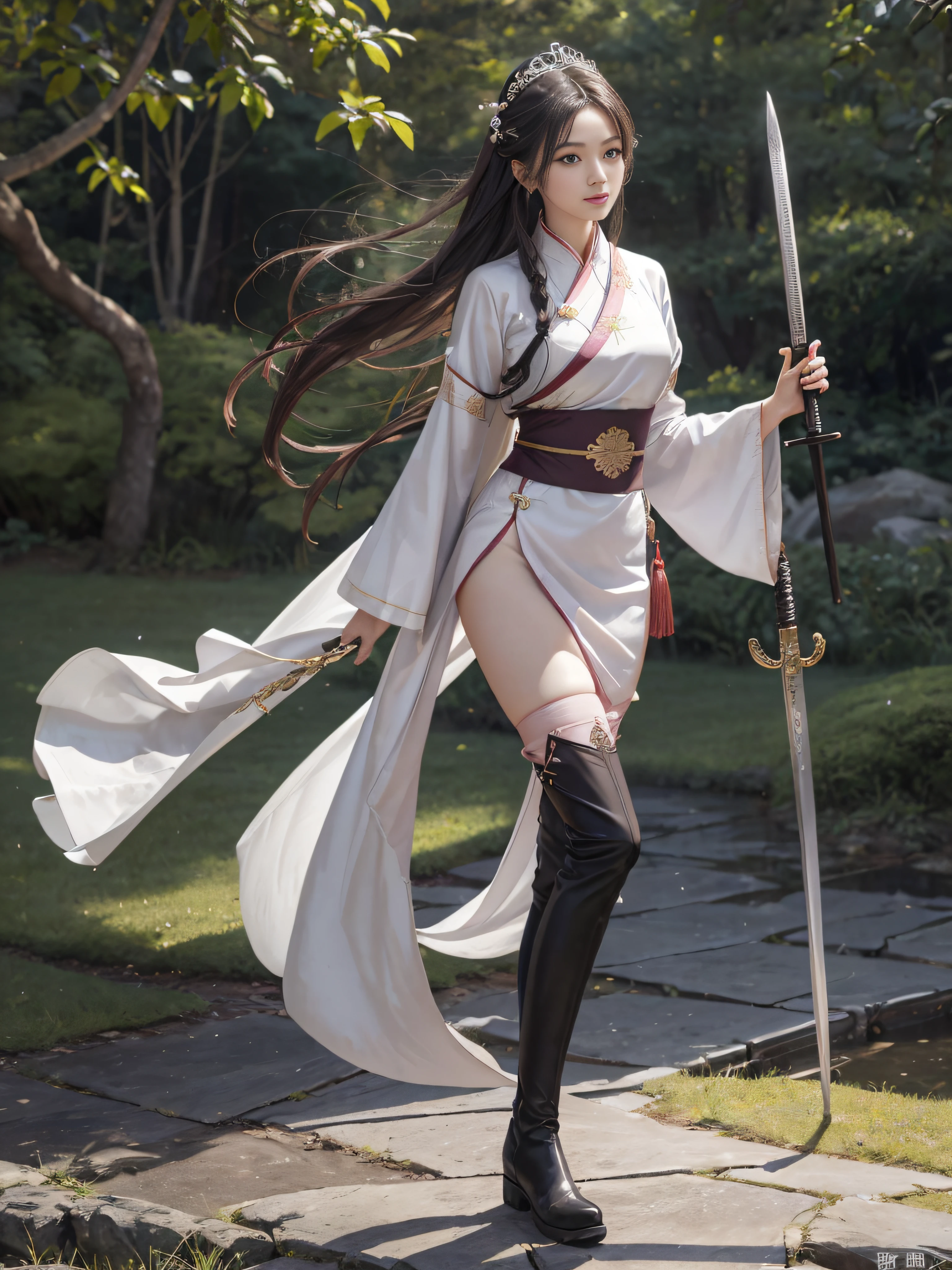 V Royal Sister，swordsmen，Big sister type，Oriental women，gallant woman，A female disciple of the Emei School，Cold sass，tmasterpiece，A high resolution,,Absolutely beautiful,，looking toward the viewer，full bodyesbian，frontage，（Wide buttock：1.3），（Thick legs：1.4），are standing，cruel grin，exquisitedetails,A high resolution,Wallpapers,，（Wear boots），Show off the boot look，（Knee-length stockings exposed），All over pale pink Hanfu，ancient wind，Hanfu，Wear long pants，floral patterns，clubs，Wide waistband，The emblem of the Emei faction，Hair is usually black or dark brown，simple tiara，Like a hairpin、hairpins, etc，Beautiful appearance，Good facial features，The eyes are shining，with fair skin，Plump body，Act lightly，Like a fairy。natural poses，standing on your feet，sword sheath， Fanning，16K，HDR，A high resolution，depth of fields，Bocoon，prime time，Vignette，rainbowing