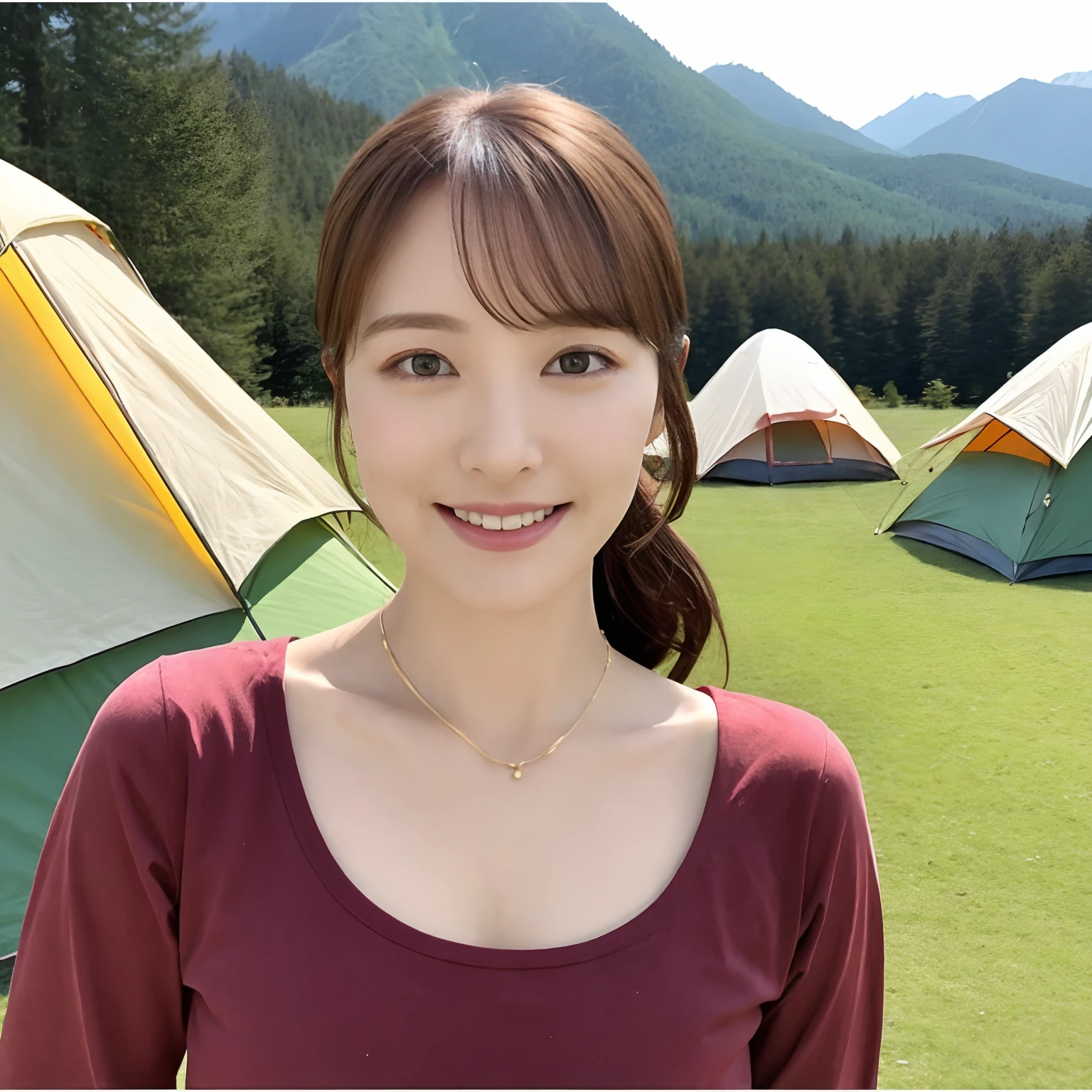 ​masterpiece、top-quality、37-year-old beauty、Beautuful Women、camp、Bright daytime outdoor、37-year-old woman、plein air、There is a tent in the distance、Smiling a little、Outdoor Clothing、There is a tent in the back、tshirts