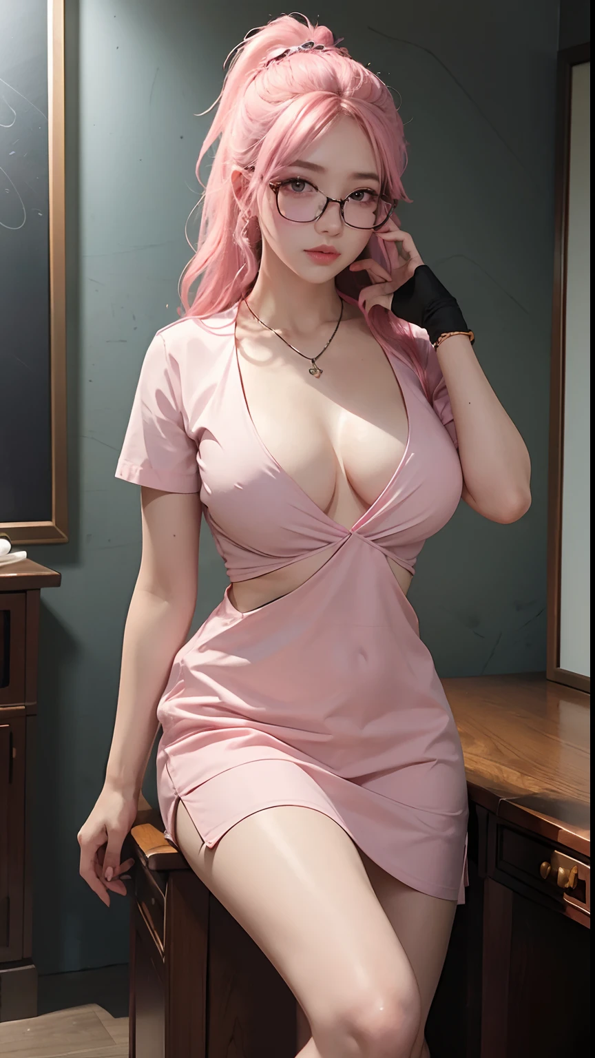 (1girl in:1.3)、独奏、__body-parts__、Official art、unity 8k wall paper、ultra-detailliert、Beautifully Aesthetic、Beautiful fece、Pink hair、(Wearing glasses)、((Glasses woman))、Colossal tits、masterpiece、top-quality、Fantastic atmosphere、Calm palette、Engaging pose、Calm mood、Soft shading、Nurse、Charm spelling、Duties of a nurse、Gorgeous Jewelry