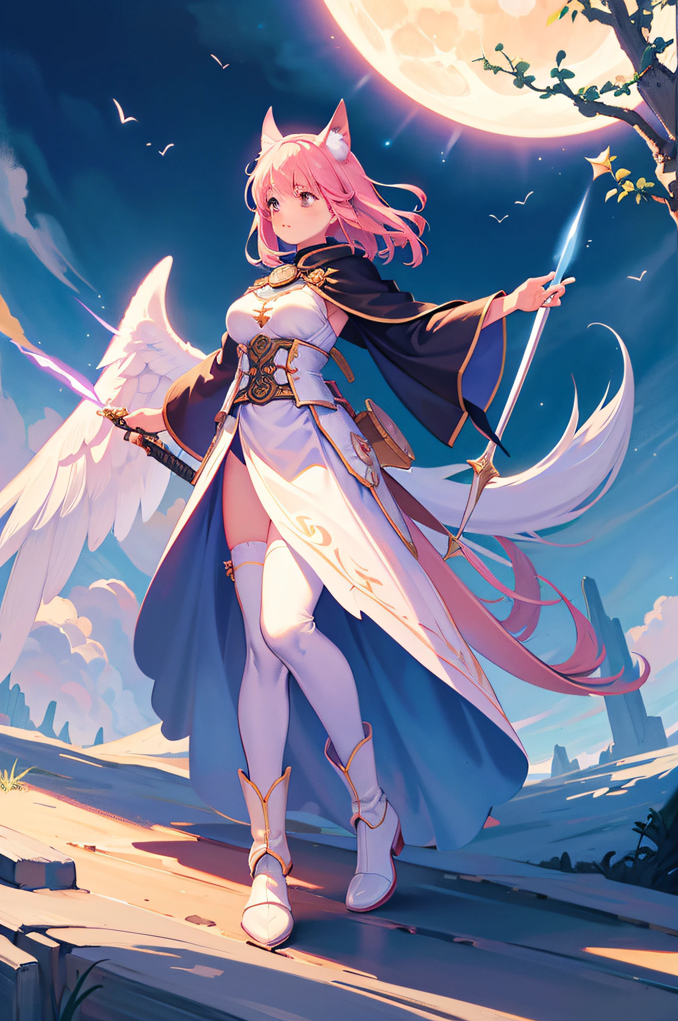 Masterpiece, Best quality, Ultra-detailed, illustration, 1girll, Solo, fantasy, wielding a sword, Fight, Night sky, Outdoors, Moon, stars, Light armored jacket, Clouds, Wind, Long waist-length pink hair, Cape, white Martin boots, white stockings，Pink fox ears，Pink fox tail, Fluffy tail，Breasts are slightly larger，the angel's wings，Blushlush，Glowing, mysterious, Enchanting, Whimsical, Playful, Adventurous, Freedom, Wonder, imagination, Determination, skill, Speed, sport, energy, Realism, Naturalistic, Figurative, representational, Beauty, Fantasy culture, mito, Fairy tales, Folklore, legends, fantasy world, composition, scale, foreground, Middle ground, Background, Perspective, Light, Color, Texture, detail, Beauty, Wonder, Ghibli style, Close up