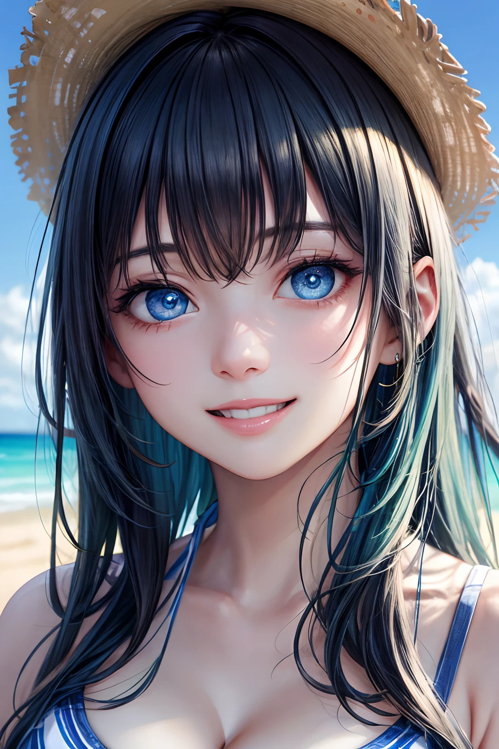 (masterpiece, 8k wallpaper:1.2), ultra detailed, Beautiful face, smile, High detail RAW color photo professional close-up photo, realistic, highest quality, best shadow, best illustration, ultra high resolution, highly detailed CG unified 8K wallpapers, big round eyes, absurdres, 1girl, looking at viewer, happy, white, (laugh:1.1), long hair, blue green hair, silky skin, beautiful eyes, focus on eyes, beautiful smile line, big blue eyes, shiny hair, ( blue white Striped pattern bikini:1.1), clear water, beach, Large eyes and eyelashe, ultra detailed background, cleavage, best quality, highres