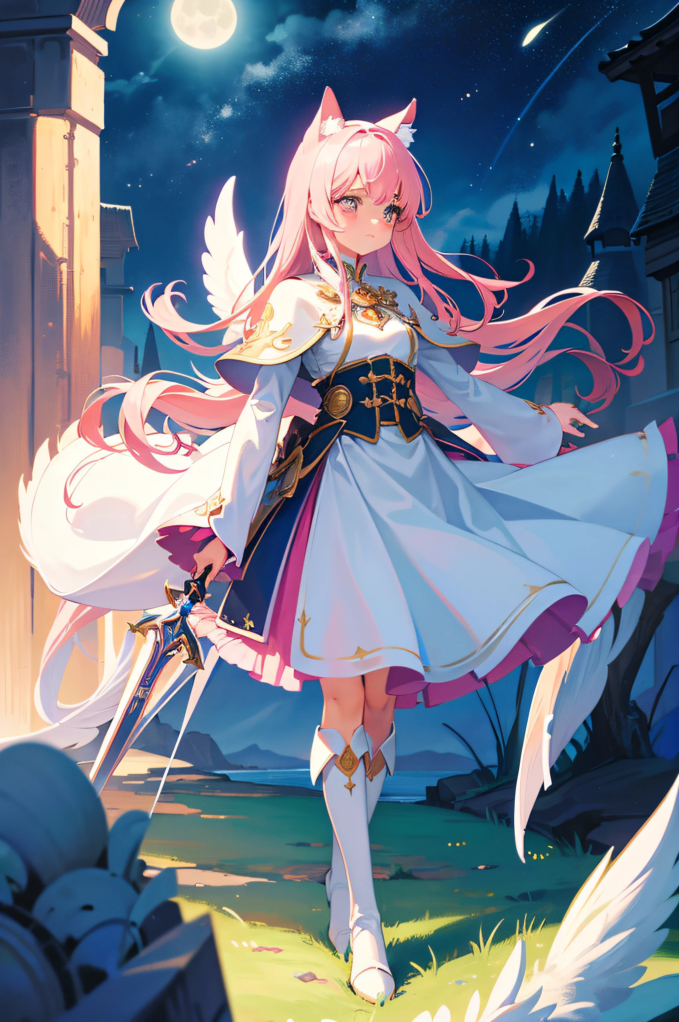 Masterpiece, Best quality, Ultra-detailed, illustration, 1girll, Solo, fantasy, wielding a sword, Fight, Night sky, Outdoors, Moon, stars, Light armored jacket, Clouds, Wind, Long waist-length pink hair, Cape, white Martin boots, white stockings，Pink fox ears，Pink fox tail, Fluffy tail，Breasts are slightly larger，the angel's wings，Blushlush，Glowing, mysterious, Enchanting, Whimsical, Playful, Adventurous, Freedom, Wonder, imagination, Determination, skill, Speed, sport, energy, Realism, Naturalistic, Figurative, representational, Beauty, Fantasy culture, mito, Fairy tales, Folklore, legends, fantasy world, composition, scale, foreground, Middle ground, Background, Perspective, Light, Color, Texture, detail, Beauty, Wonder, Ghibli style, Close up