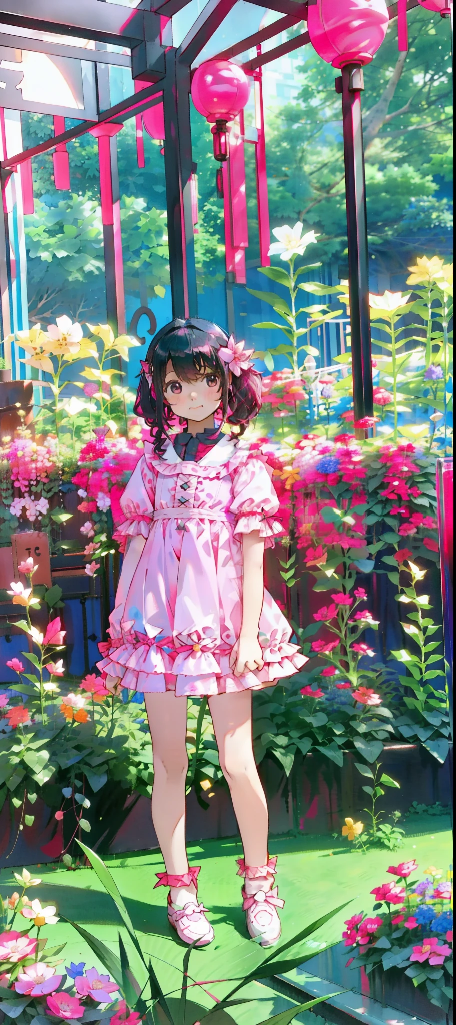 A little girl standing in front of a flower bed, katelynn mini cute style, Wearing a pink dress, beautiful pink little girl, wearing a pink dress, about 3 5 years old, jinyiwei, Cute little girl, Cute young girl, 2 years old, wearing pink floral chiton, ruan jia beautiful!, xintong chen