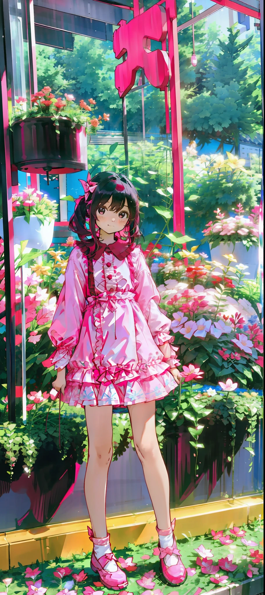 A  girl standing in front of a flower bed, katelynn mini cute style, Wearing a pink dress, beautiful pink little wearing a pink dress, about 3 5 years old, jCute little girl, Cute youl, 2 years old, wearing pink flon, ruan jia beautiful!, xintong chen