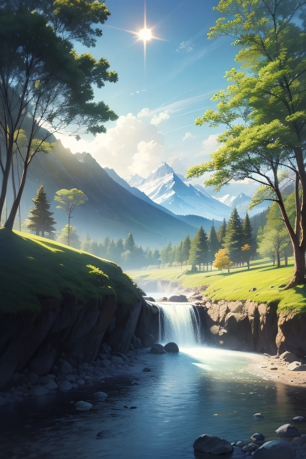 (​masterpiece、high-level image quality、hightquality)、Heavenly Landscape、Glorious mountains々、Gently flowing river、The sun shines brilliantly、The sun is the expression of God、Heat is love、Light is wisdom、ln the forest、Spiritual Natural World、There is only altruism here、