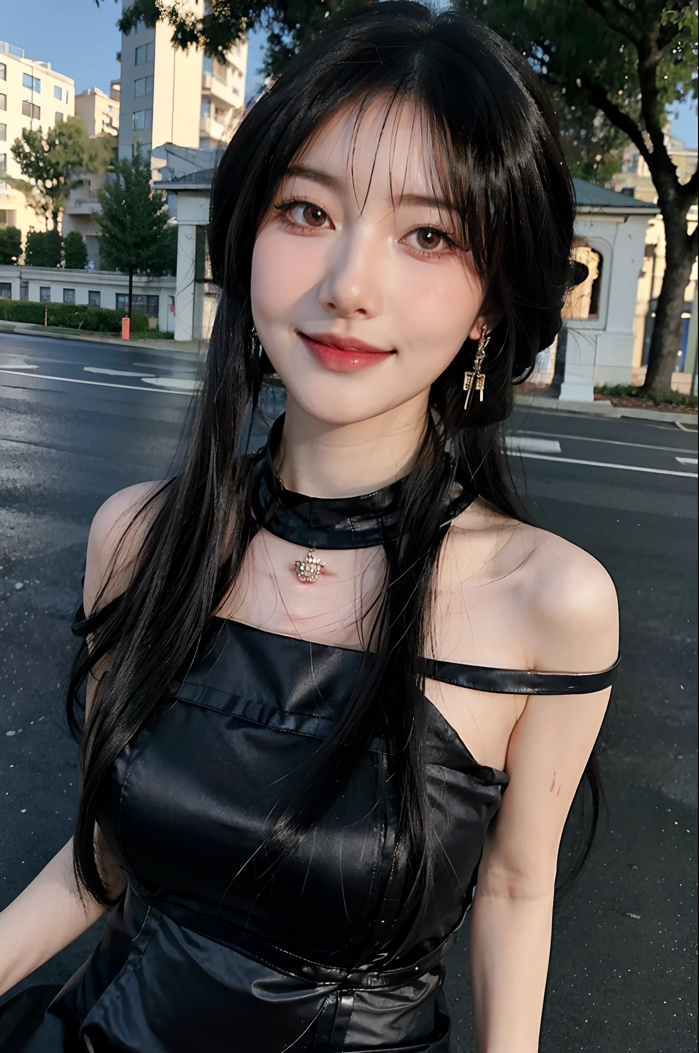 (8k, best quality, masterpiece:1.2), (realistic, photo-realistic:1.37), ultra-detailed, (1girl:1.6),cute,beautiful detailed sky,(outdoors:1.4),daytime, standing,dating, public(nose blush),(smile:1.15),(closed mouth:1.2), breasts,beautiful detailed eyes, black lace, (long hair:1.2),floating hair NovaFrogStyle, facing viewer, full body,yor briar,