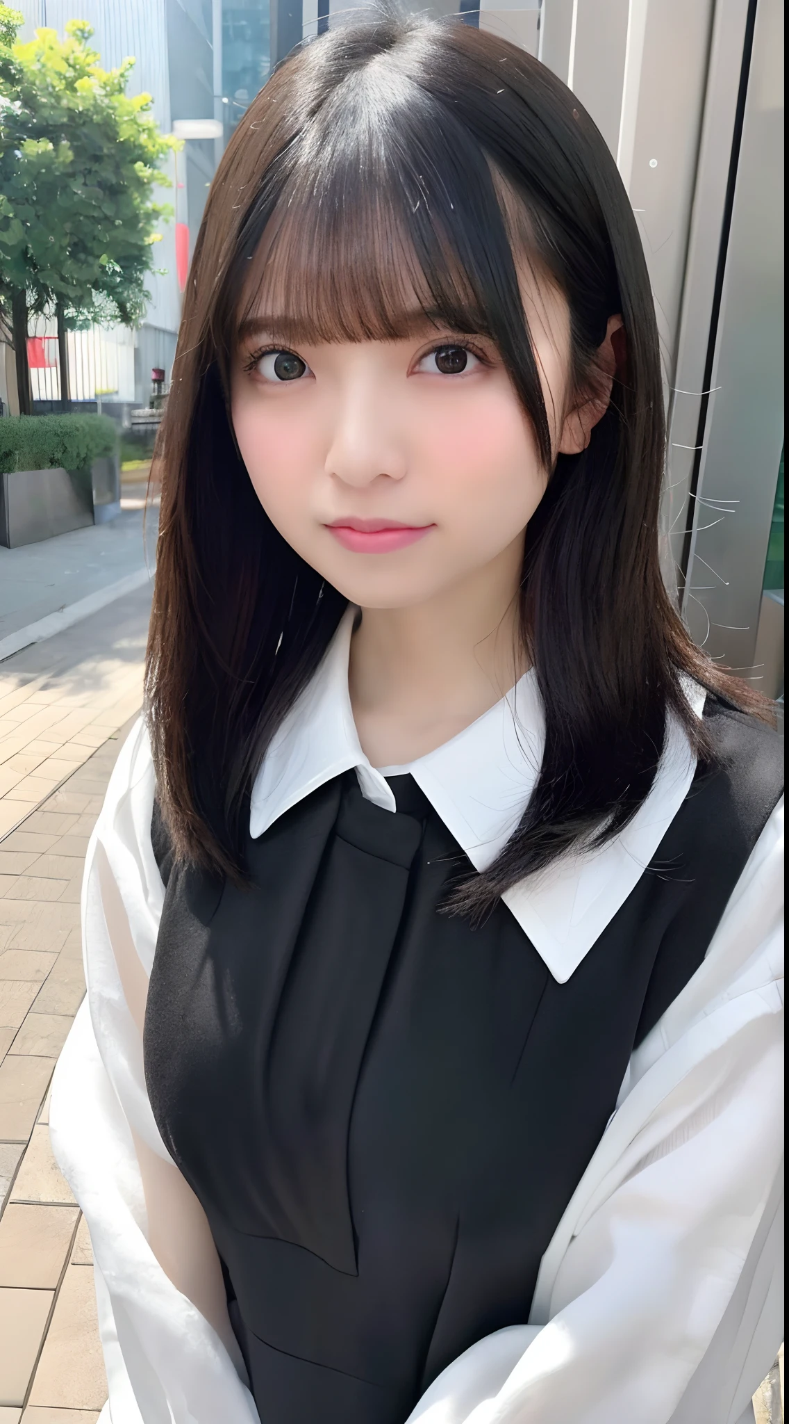 There is a woman in a black dress taking a photo., Chiho Aoshima, Real young gravure idol, 女の子 in real life, Ishida Sui with black hair, perfect android girl, shinsui ito, Face that faithfully reproduces the face of LoRA, High resolution, Very detailed, Natural Bangs, highest quality