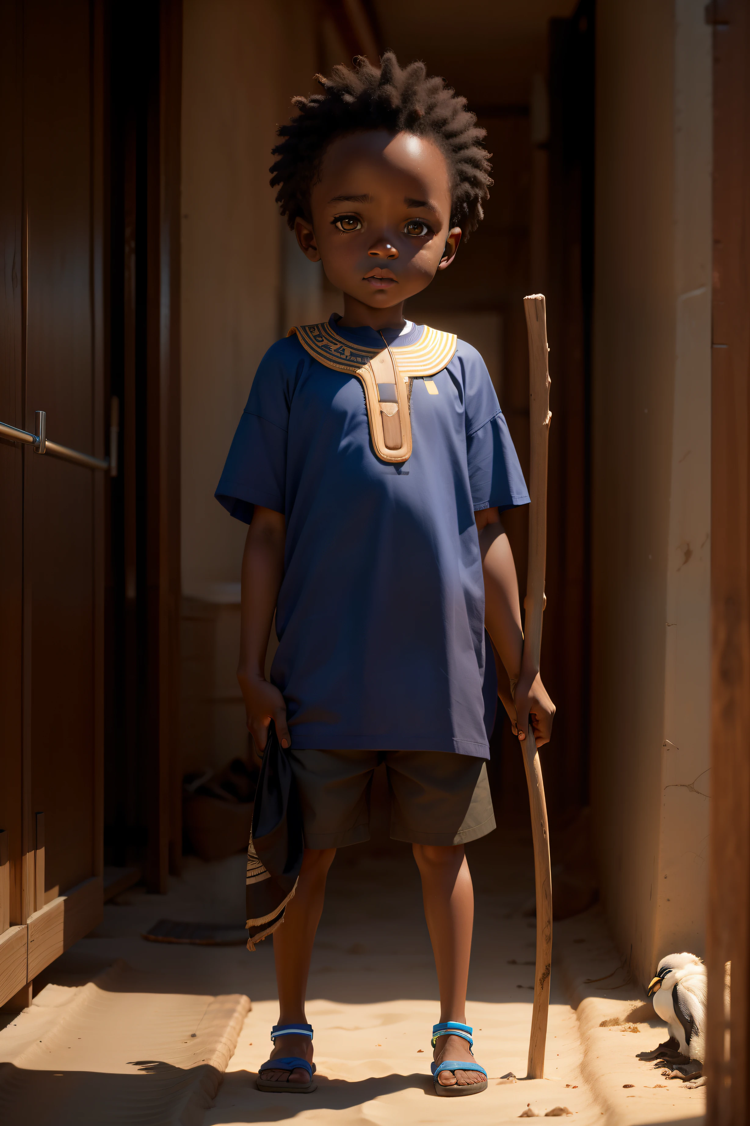 African kid outside, holding long stick, standing tall, brown skin, wearing a t-shirt, standing outside at the beach, Cape Town sunrise behind him, African penguin next to him, right hand holding plastic bin, realistic, 8k cinematic, ocean background, remove walls, the beach, the ocean, table mountain, busy "add table mountain and the ocean background, African penguins, realistic, photo like, the beach, cinematic view, HD, Sunrise, clouds, blue sky, Cape Town landscape