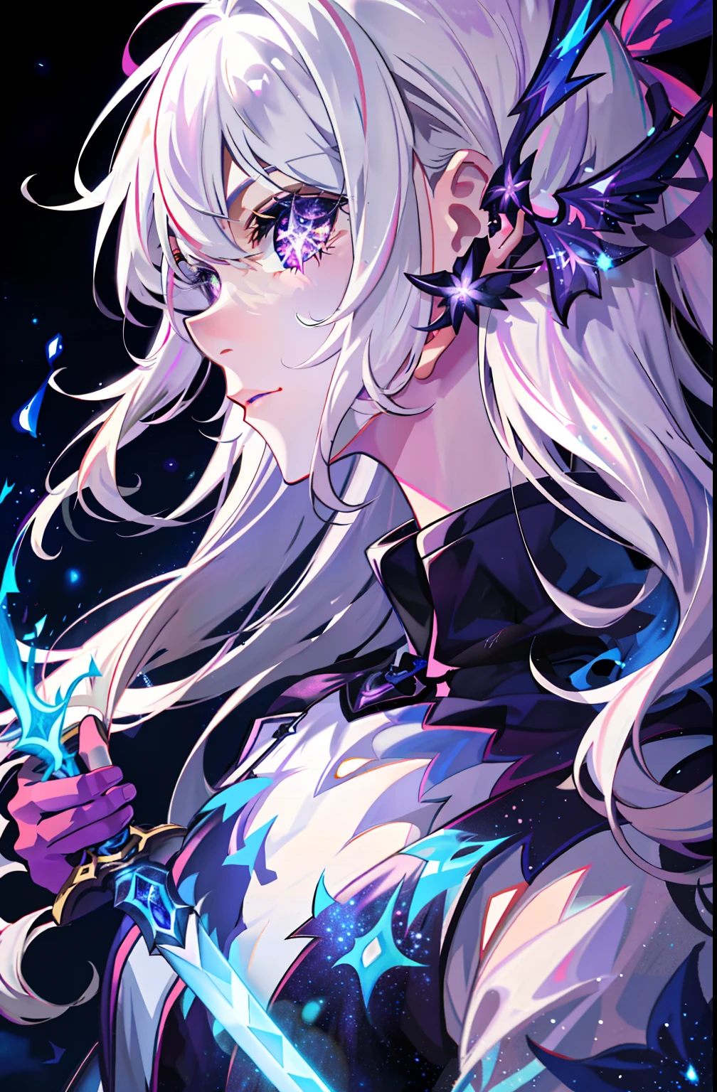 Colorful, 1 girl, White hair, Purple eyes, Sexual, double hilt, sword, hand sword, blue flame, glitters, shiny weapon, Light particles, the wallpaper, color difference,