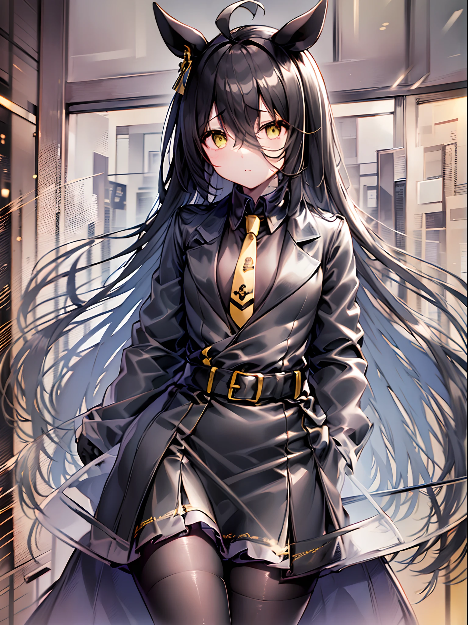 ((masterpiece))、((top-quality))、(独奏)、manhattan-cafe,manhattan-cafe(Racing Wear),、White ahoge, (Long Black Hair)、long black bangs passing between the eyes,,,,,,,,、Black-haired horse ears、Horse tail、Yellow eyes without highlights、(((flat chest)))、((Long coat in black))、((Black shirt))、 ((Black pantyhose))、((a black skirt))、Black Gloves、((Yellow tie))、a belt、
