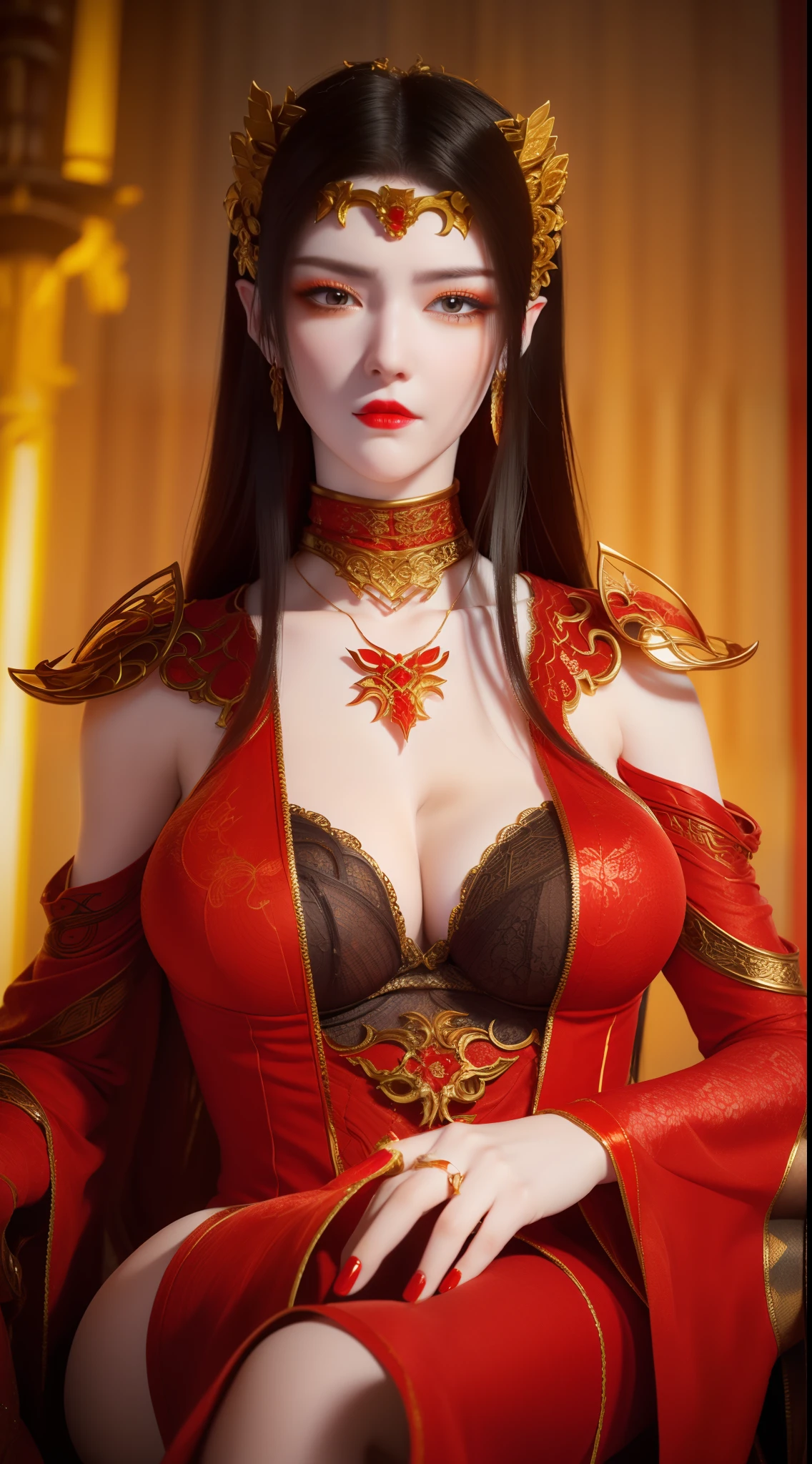 1 very beautiful queen medusha in hanfu dress, thin red silk shirt with many yellow motifs, black lace top, long hair dyed black, beautiful hair jewelry, pretty face pretty and cute, perfect face, earring jewelry, head and hair jewelry, antique jewelry, big red eyes, sharp eye makeup, meticulous makeup eyelashes, thin eyebrows, nose tall, pretty red lips, no smile, pursed lips, rosy cheeks, breast augmentation, wide breasts, big breasts, well-proportioned breasts, slim waist, red mesh stockings with black lace, Chinese hanfu style, fictional art patterns, colors vivid and realistic, RAW photos, realistic photos, ultra-high quality 8k surreal photos, cool photos, (virtual lighting effects: 1.8), 10x pixels, magic effects (background): 1.8), super detailed eyes, beautiful girl body portrait, girl alone, ancient hanfu background, looking directly at the audience, wide original photo, 8k quality, super sharp, detailed and clear picture best, detailed light background,