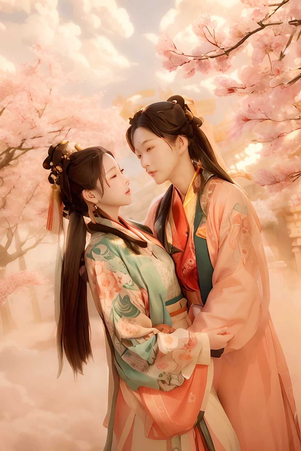 best qualtiy, ultra - detailed, tmasterpiece, finedetail, A high resolution, 8k wallpaper, realistic detail, Clothing details, skin detailed, Photoshop \(curly\),(ulzang-6500-v1.1:0.5), Ancient Chinese couple,Look at each other,Chinese courtyard,dunhuang_Style,with petals falling,Peach blossom tree background,