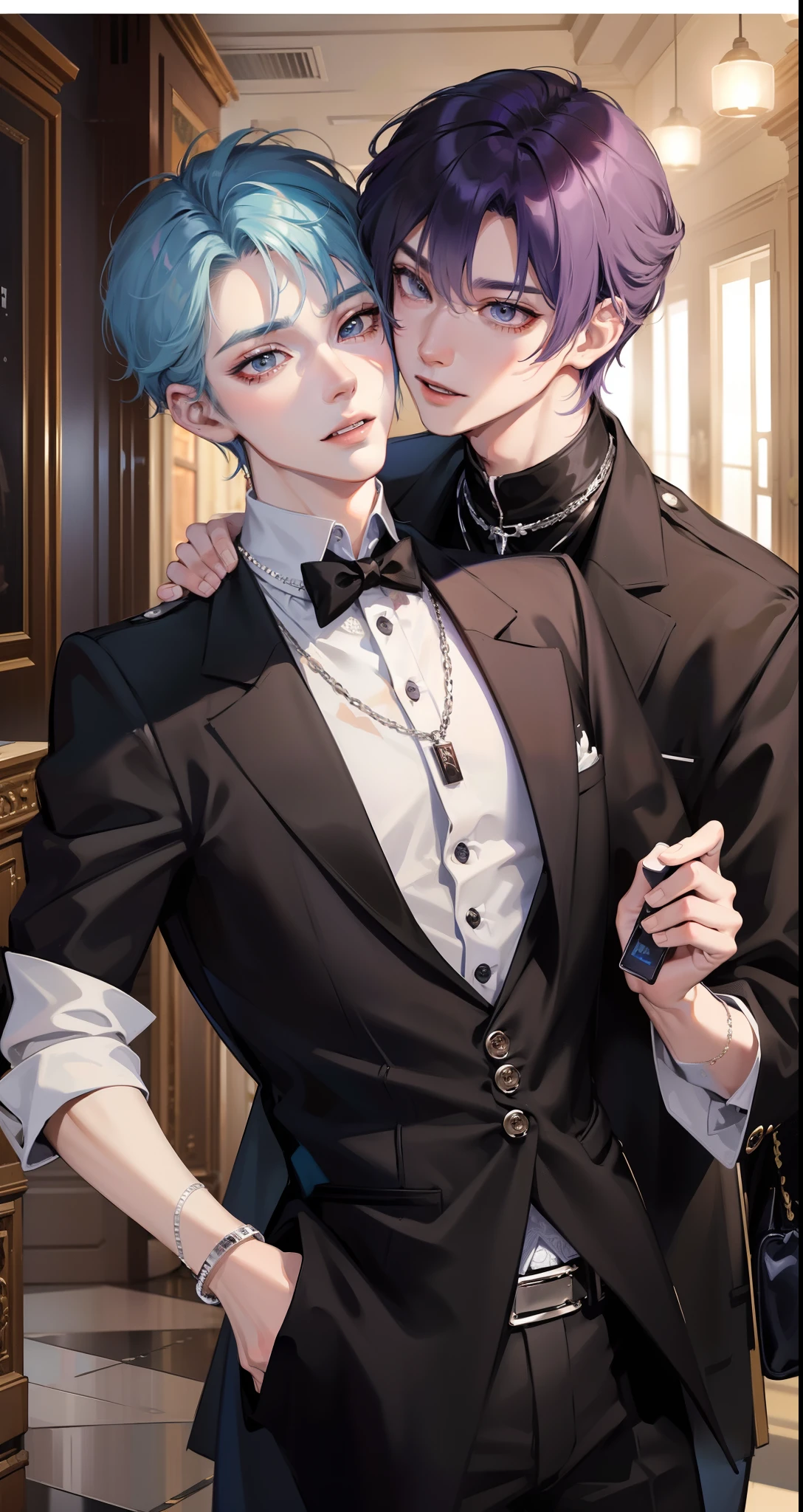 ​masterpiece, top-quality, 2Others, Male couple, 1 man and 1,, Adults, Height difference, different fashion, different color, finely eye and detailed face, intricate detailes, Black Butler Fashion, Modern urban streets, A smile, Happiness, tenderness, queers, Boys Love, high-level image quality、 Two beautiful men、tall、The upper part of the body、nightfall、nighttime scene、𝓡𝓸𝓶𝓪𝓷𝓽𝓲𝓬、Korean Male, k pop, Professional Photos, Vampires, Fedoman with necklace, inspired by Sim Sa-jeong, androgynous vampire, :9 detailed face: 8, extra detailed face, detailed punk hair, ((eyes are brown)) baggy eyes, Seductive. Highly detailed, semi realistic anime, Vampire deacon, hyperrealistic teen, delicate androgynous prince, imvu, short hair above the ears, Man with short hair, With a purple-haired man with a wild expression, Man with light blue hair with gentle expression, With a short-haired man with bright purple hair, Man with light blue hair, Movie Posters, Movie Photos