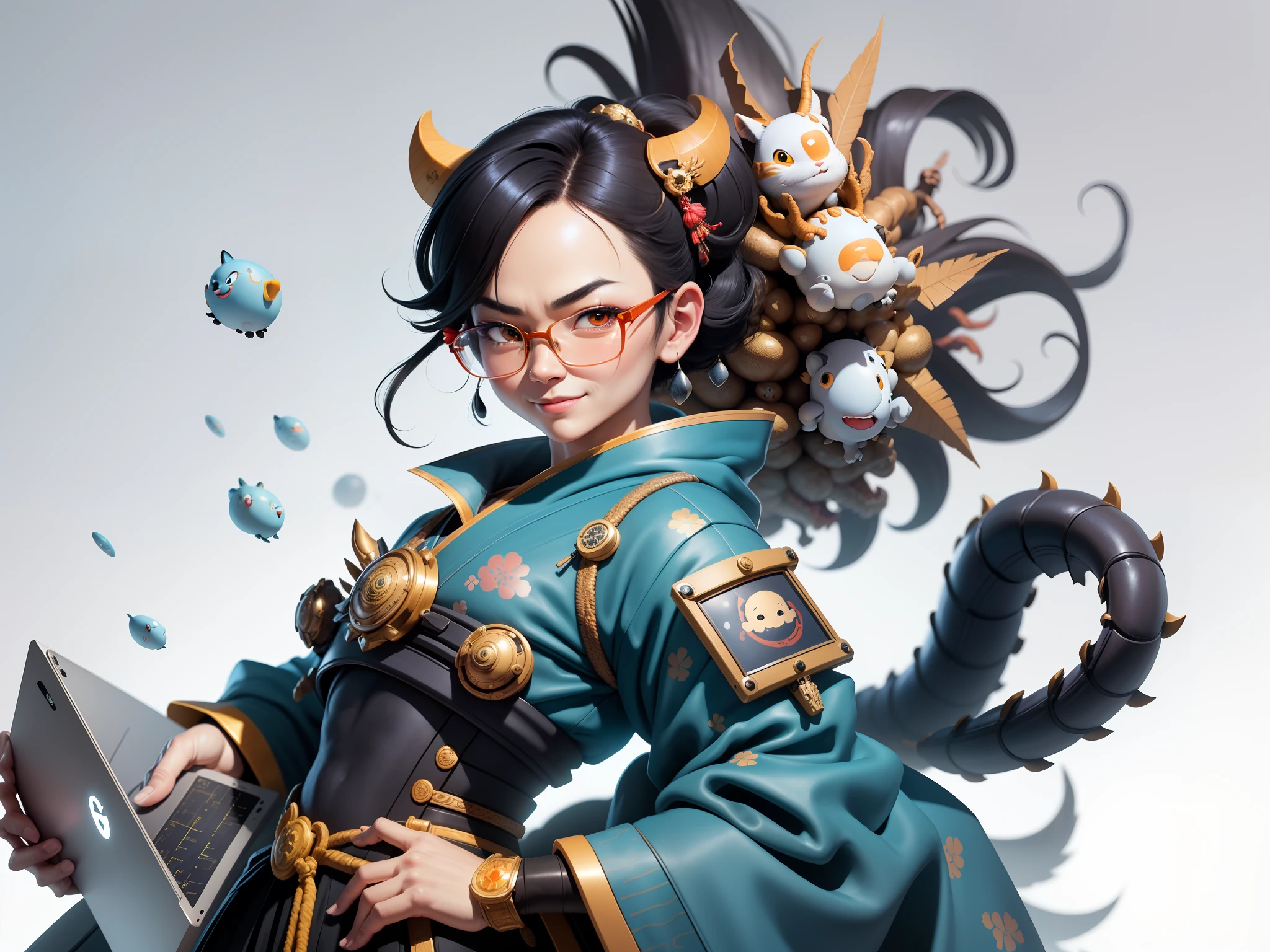 (Masterpiece), (Excellent), (Super Meticulous), (Full Body: 1.2), Super Young Woman, Japanese Geisha, Beauty, Chinese Dragon, Tiger, Wind God Thor, Sexy, Bursting, Oriental Face, TV Anchor, Bust Portrait Illustration, Alone, Black Suit, Blue Tie, Slightly Chubby, Very Clean Face, Silver Glasses, Black Super Short Hair, Black Eyes, Confident Smile, 3c Computer Sub-Products, iPad, iPhone, Digital Painting, 3D character design by Mark Clairedon and Pixar and Hayao Miyazaki and Akira Toriyama, the illustrations are HD illustrations in 4K resolution with highly detailed facial features and cartoon-style visuals.