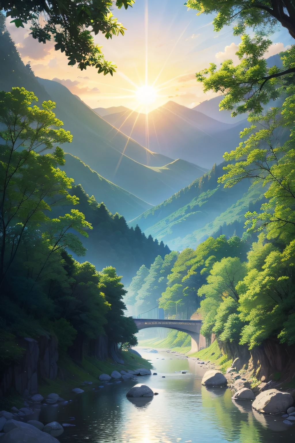 (​masterpiece、high-level image quality、hightquality)、Heavenly Landscape、Glorious mountains々、Gently flowing river、The sun shines brilliantly、The sun is the expression of God、Heat is love、Light is wisdom、ln the forest、Spiritual Natural World、There is only altruism here、