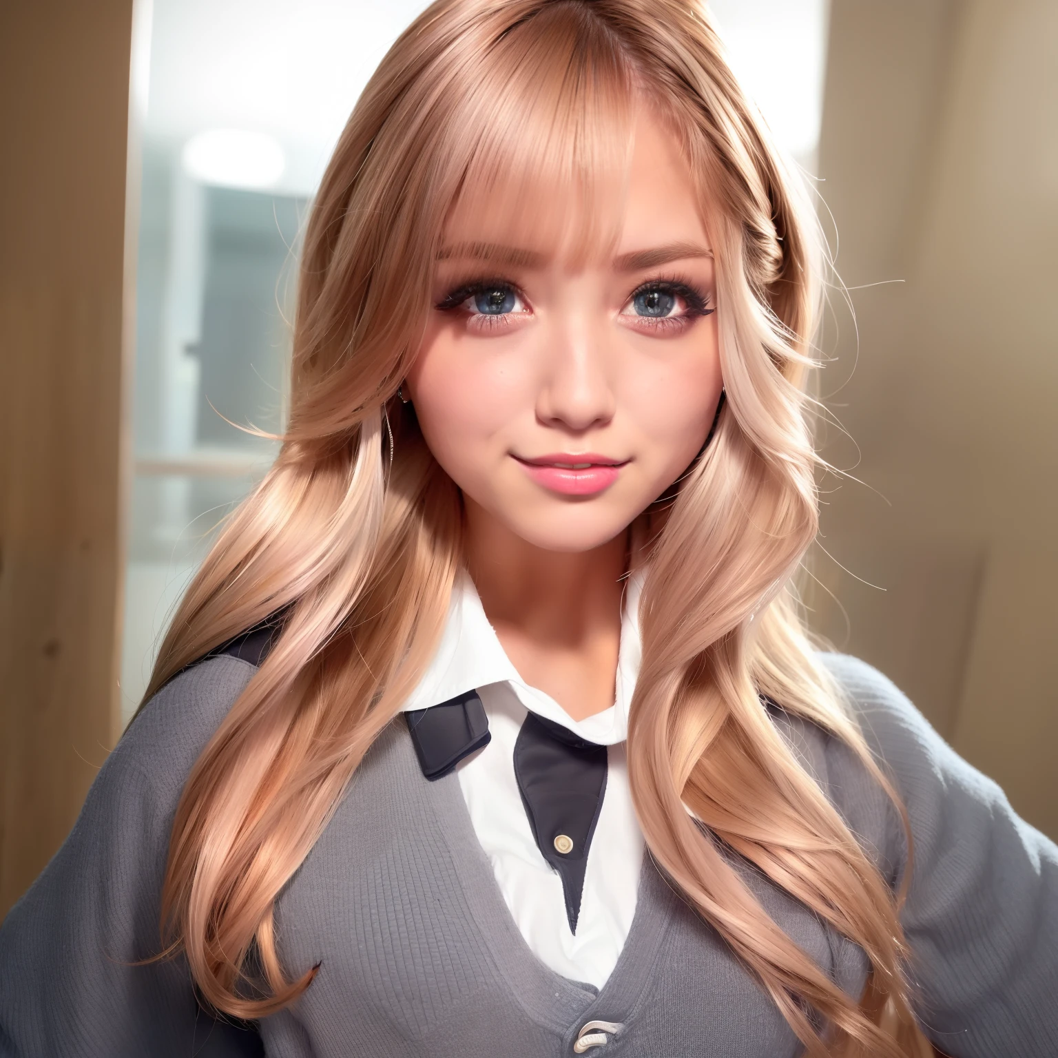 8K,The ultra -The high-definition,top-quality,masterpiece,masuter piece,Photoreal Stick,(1人:1.2),a blond,Beautiful facial features,big eye,(tanned brown skin),hi-school girl,(Close up your face),a smile,(No pause)