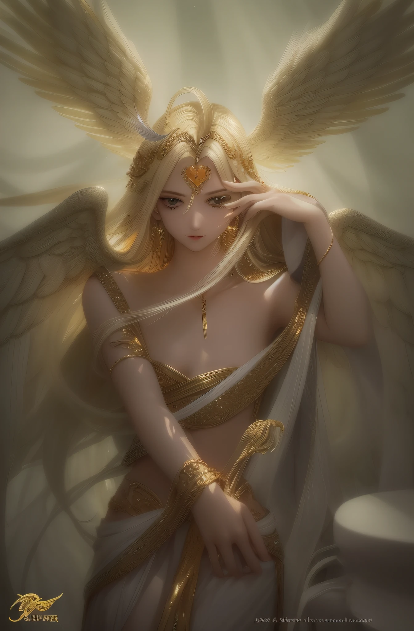 Golden angel,Long messy blonde hair,Slim figure,with fair skin,Perfect looks,adolable,prette,Delicate face,Bright golden eyes,Wings feathers,Located in the sky,mythical character,Under the scorching sun at noon,Pure and holy brilliance,Platinum robes,Gold jewelry