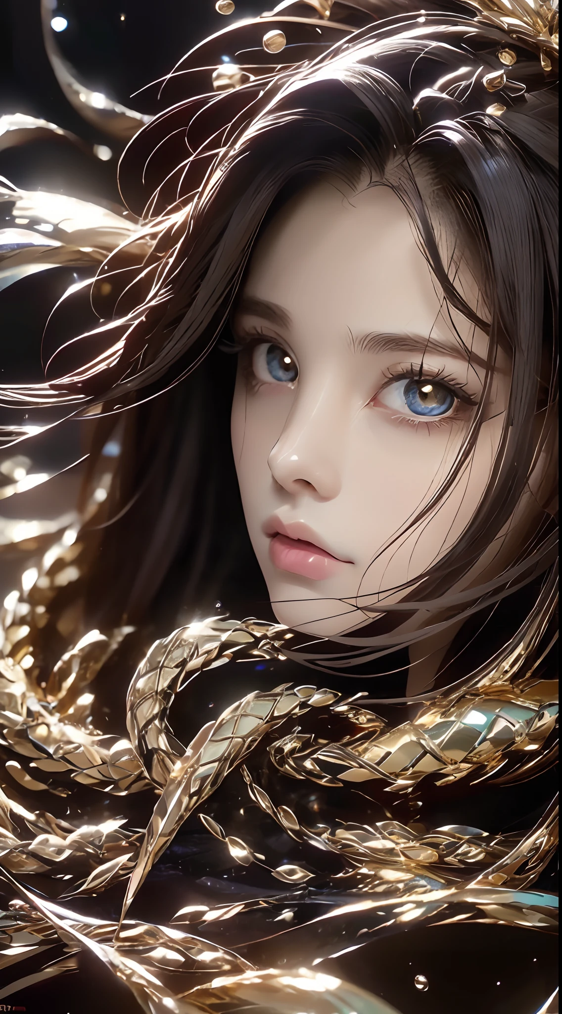 Partial underwater photography，Kasha，Hold the viewer's hand with your back to the camera，sideface，Asymmetrical face shape，Fluorescent headphones hang behind your hair，Black fur coat，Decorated with a gold dragon motif，Fine rendering details, Depiction of water texture, Delicate texture，best qualityer，16k high resolution wallpaper，