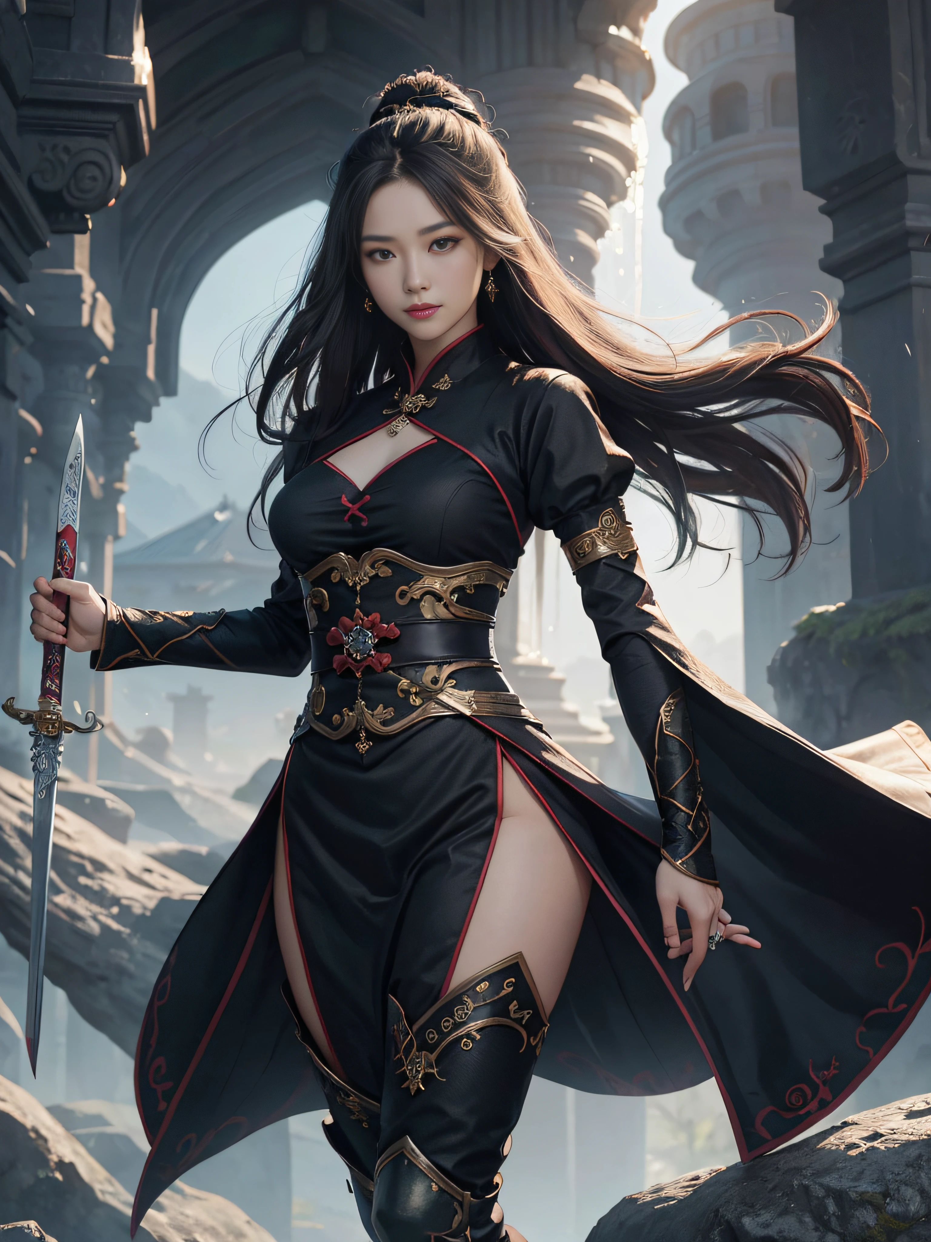 Royal sister,swordsmen,Big sister type,Oriental women,gallant woman,Cold sass,tmasterpiece,A high resolution,,Absolutely beautiful,,looking toward the viewer,frontage,(Wide buttock:1.3),(Thick legs:1.4),are standing,exquisitedetails,A high resolution,Wallpapers,1female,独奏,,enchanted、Raised sexy, cruel grin,ancient wind,Hanfu,,Black all over,dark,Wear long pants,Wear boots,embroidery, natural poses,standing on your feet, Fanning,16K,HDR,A high resolution,depth of fields,Bocoon,prime time,Vignette,rainbowing