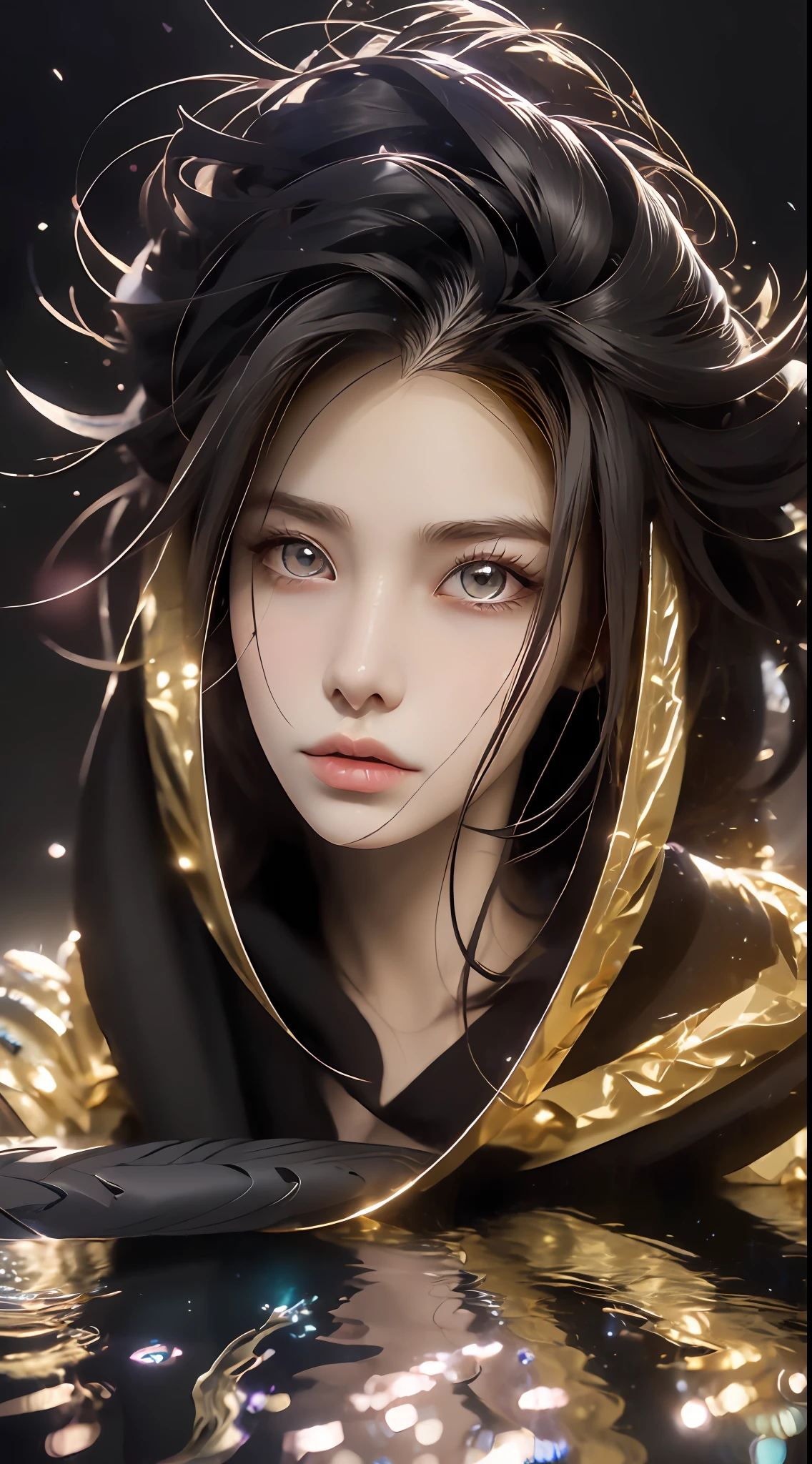Partial underwater photography，Kasha，Hold the viewer's hand with your back to the camera，sideface，Asymmetrical face shape，Fluorescent headphones hang behind your hair，Black fur coat，Decorated with a gold dragon motif，Fine rendering details, Depiction of water texture, Delicate texture，best qualityer，16k high resolution wallpaper，