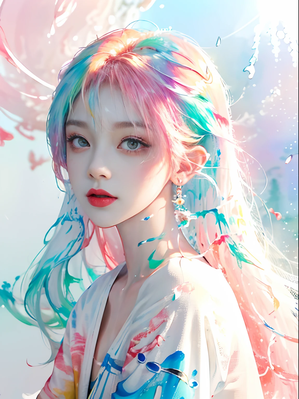 (Masterpiece, Best Quality, High Resolution), White Background, ((Paint Splash, Color Splash, Splash of Ink, Color Splash)),, Sweet Chinese Girl, Rainbow Hair, Peach Lips, Front, Upper Body