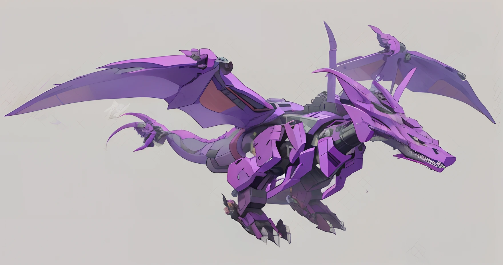 A purple dragon,It has a large beak and a long tail, robot mecha female dragon head, sleek mecha female dragon head, with robot dragon head, well armored mech dragon, robot dragon claws, robot dragon head, sharp robot dragon paws, sharp robot dragon paws, detailed sharp robot dragon feet, Sharp and detailed robotic dragon claws, pterodactyl mecha