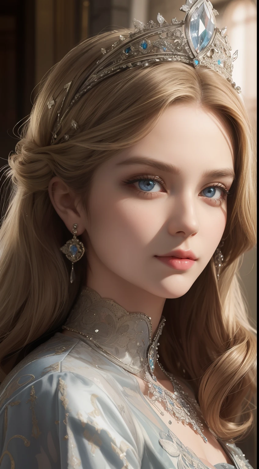 tmasterpiece,Highest image quality,Beautiful bust of a royal lady,Delicate blonde hairstyle,The silver eyes are clear,Embellished with a dazzling array of intricate jewelry,super detailing,upscaled。