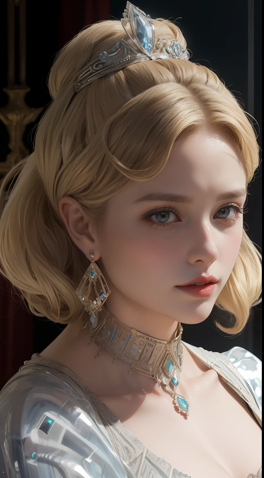 tmasterpiece,Highest image quality,Beautiful bust of a royal lady,Delicate blonde hairstyle,The silver eyes are clear,Embellished with a dazzling array of intricate jewelry,super detailing,upscaled。