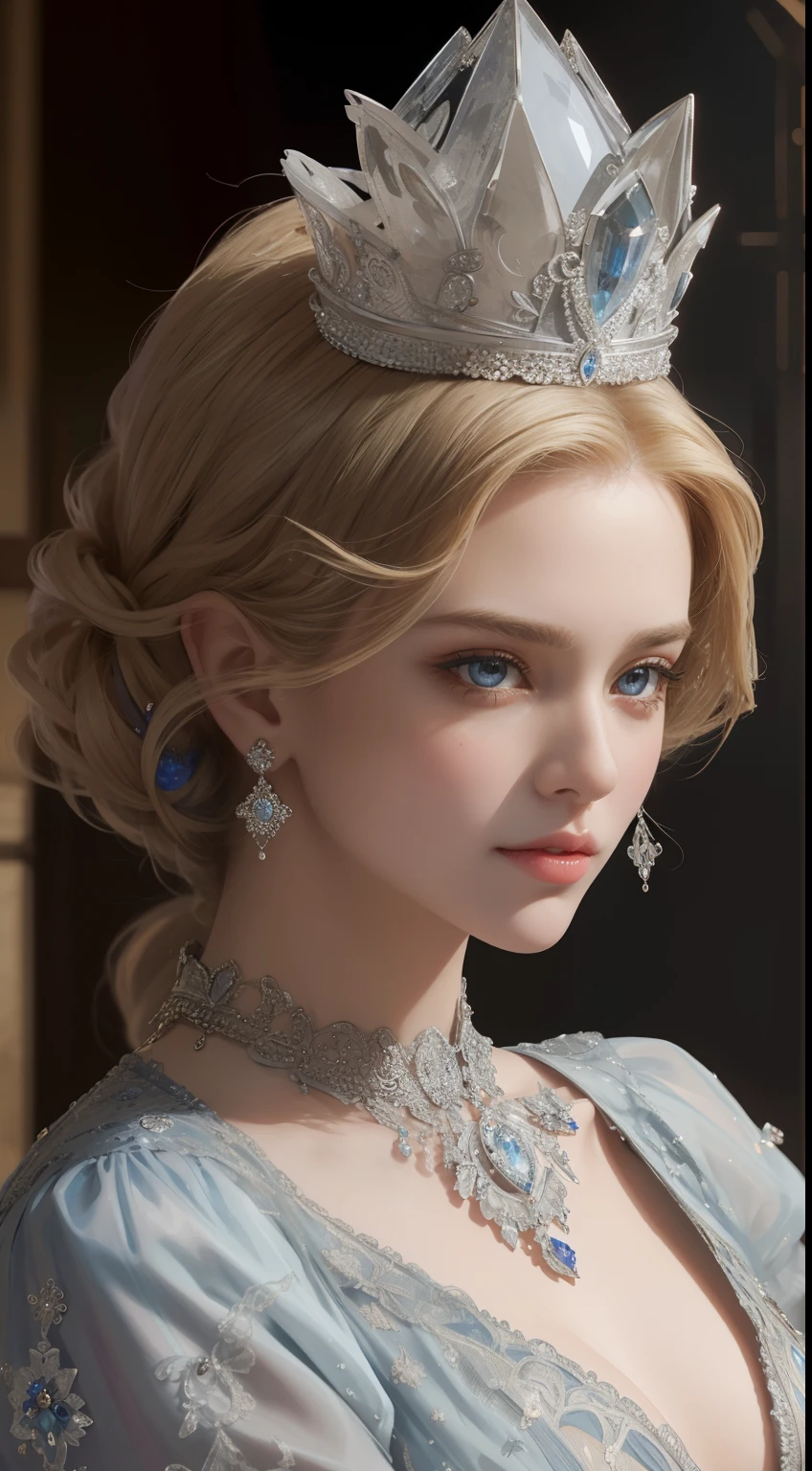 tmasterpiece，Highest image quality，Beautiful bust of a royal lady，Delicate blonde hairstyle，The silver eyes are clear，Embellished with a dazzling array of intricate jewelry，super detailing，upscaled。