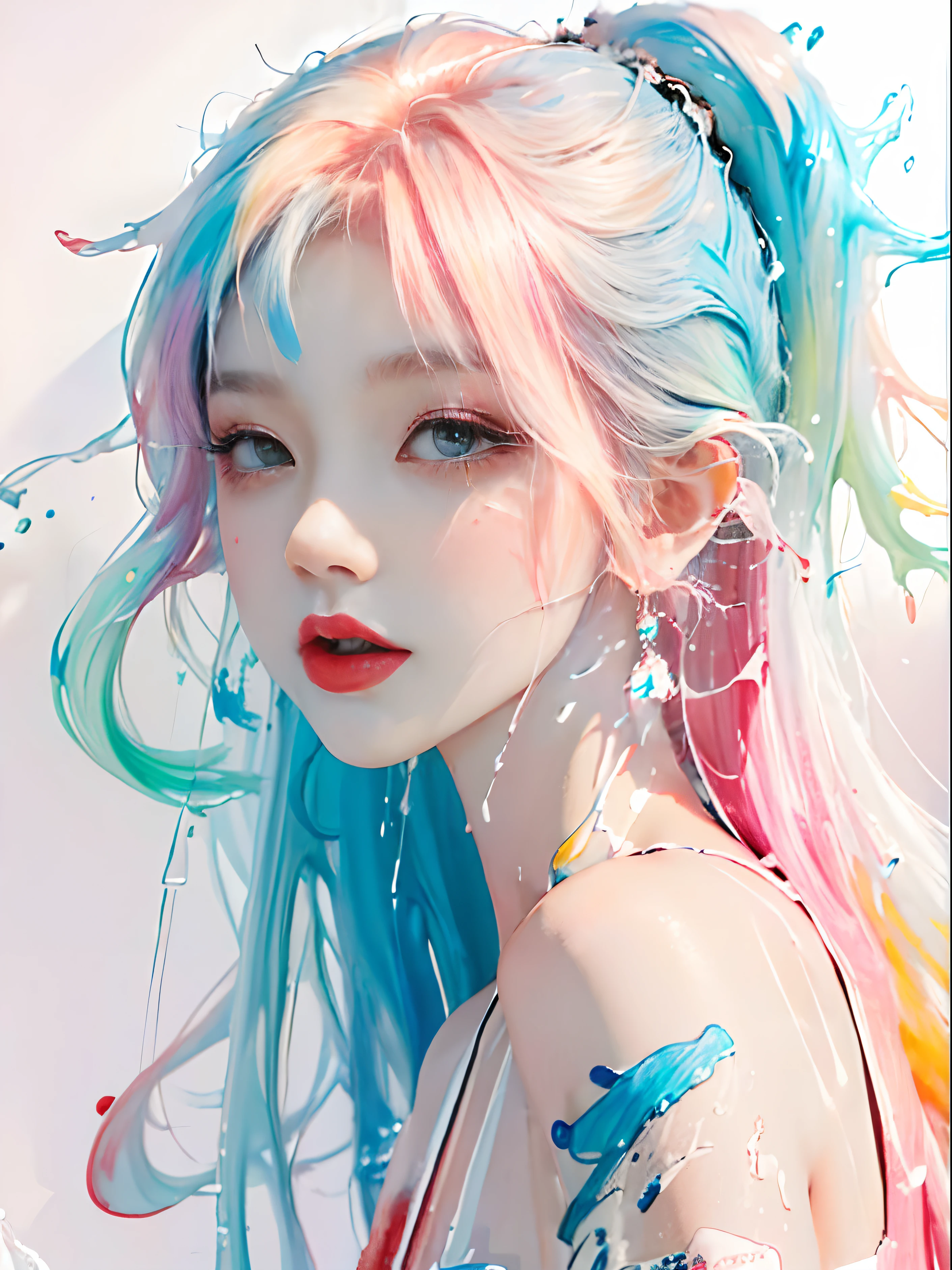 （Pink Fashion T-shirt：1.9），(Colorful hair: 1.8), (all the colours of the rainbow: 1.8),(((((vertical painting：1.6))), （painting：1.6），front, comics, illustrations, paintings, large eyes, crystal clear eyes,（ rainbow color gradient high ponytail：1.7）, exquisite makeup, closed mouth,(Small Fresh: 1.5),(Wipe Chest: 1.6) ，long eyelashes, white off shoulder T-shirt,  White Shoulder Shirt，looking at the audience, large watery eyes, (rainbow colored hair：1.6), color splash, （solo：1.8）, color splash, color explosion, thick paint style, messy lines, ((shining))，(colorful), (colorful), (colorful), colorful, Thick Paint Style, (Splash) (Color Splash), Vertical Painting, Upper Body, Paint Splash, Acrylic Pigment, Gradient, Paint, Highest Image Quality, Highest Quality, Masterpiece, Solo, Depth of Field, Face Paint,  colorful clothes, (Elegant: 1.2), gorgeous,long hair, wind, (Elegant: 1.3), (Petals: 1.4)，(((masterpiece))),(((best quality))),((ultra-detailed)),(illustration),(dynamic angle),((floating)),(paint),((disheveled hair)),(solo),(1girl) , (((detailed anima face))),((beautiful detailed face)),collar,bare shoulders,white hair, ((colorful hair)),((streaked hair)),beautiful detailed eyes,(Gradient color eyes),(((colorful eyes))),(((colorful background))),(((high saturation))),(((surrounded by colorful splashes))),