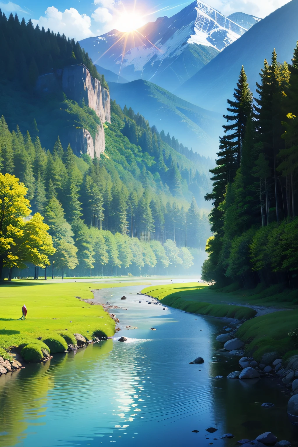 (​masterpiece、high-level image quality、hightquality)、Heavenly Landscape、Glorious mountains々、Gently flowing river、The sun shines brilliantly、The sun is the expression of God、Heat is love、Light is wisdom、ln the forest、Spiritual Natural World、There is only altruism here、