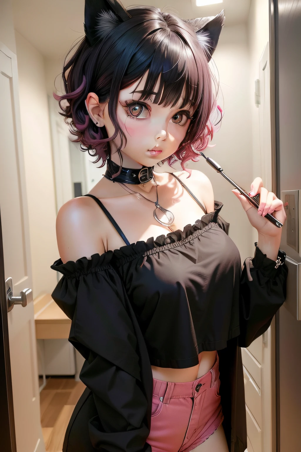 goth girl with pink n black short curly hair, cute, neko