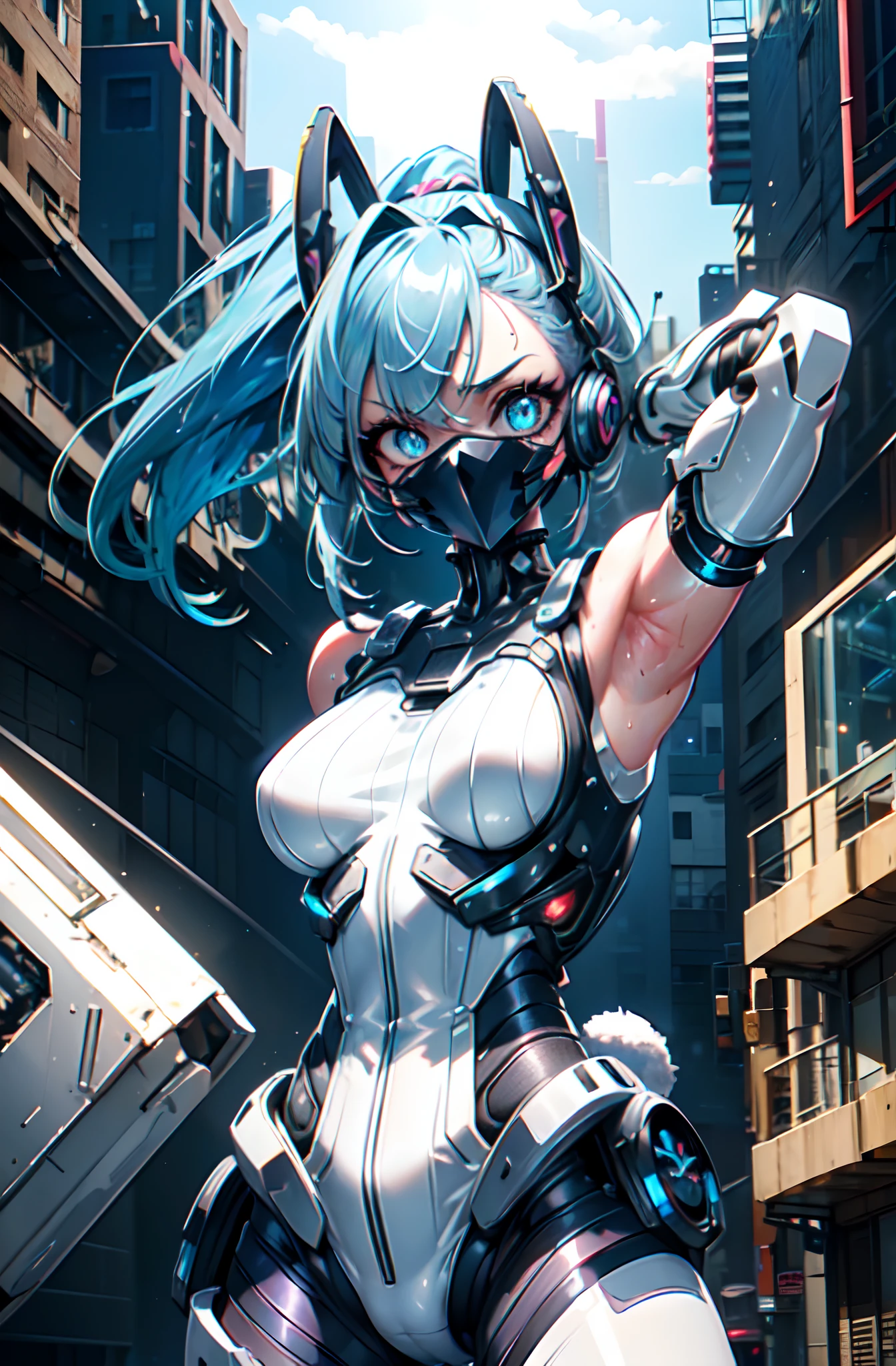 transcendent beautiful girl, (masterpiece eyes:1.3), (sleeveless exoskeleton bodysuit:1.3), sweat skin, (blue hair, ponytail), (exposed sideboob, exposed armpits, exposed groin), cowboy_shot, side focus, shiny, Huge_breasts, wide_lower back, (arms behind head, armpits), open stance, (cyber tech punk mouth mask:1.2), cyber punk city, (rabbit ears, rabbit tail), Masterpiece, best quality, captures a super cute moment, depth of field, ultra detailed, ultra high resolution, C4D, Octadale, 3D modeling, 8k, 16k,