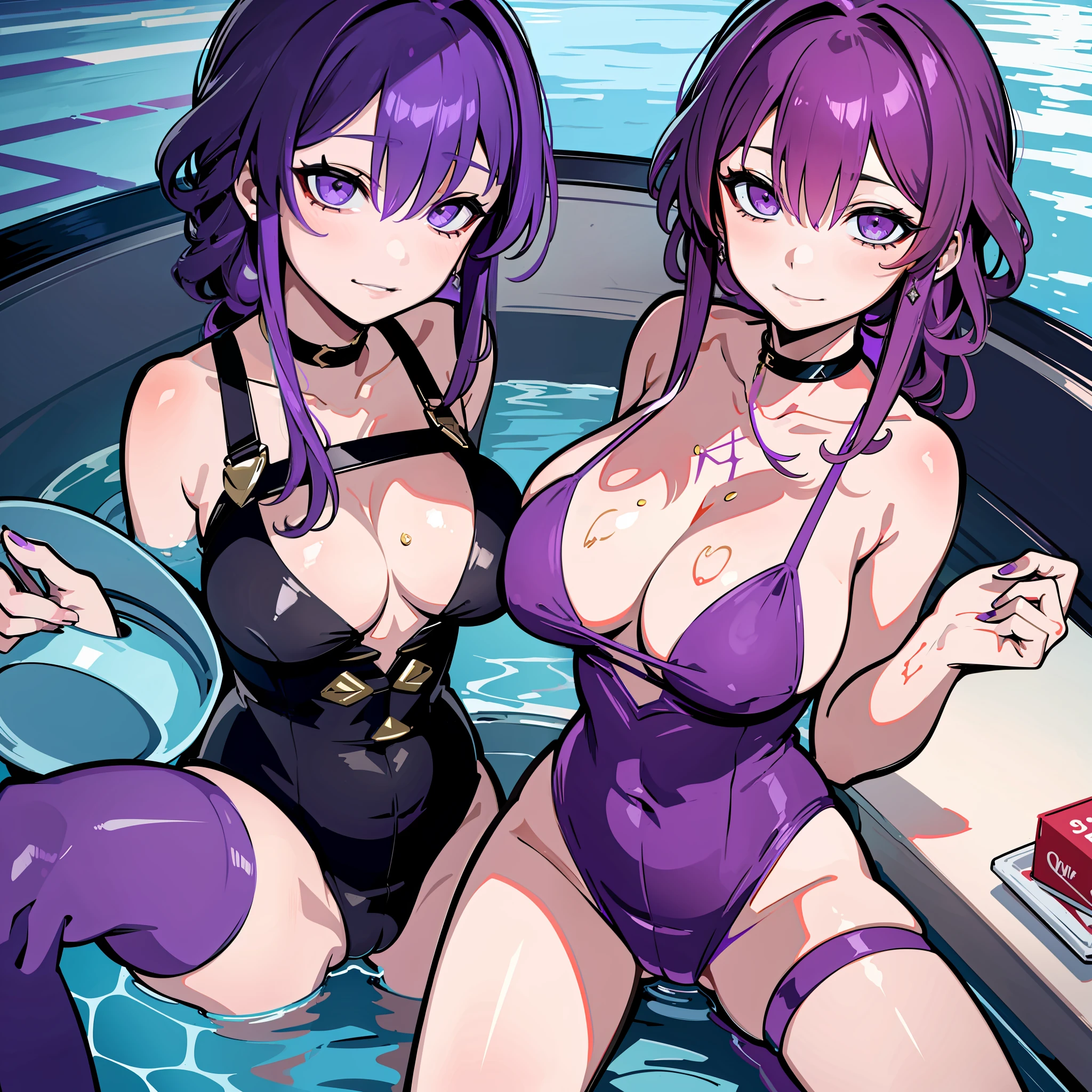 purple umbilical wimsuit, masterpiece, 8k, exquisite hands, gentle smile, swimming pool, purple hair, mature