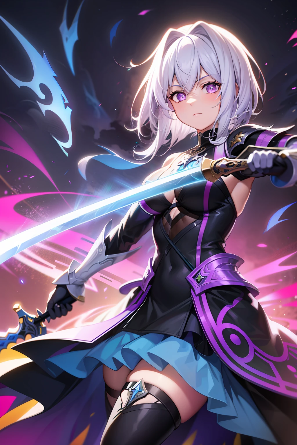 colorful, 1girl, white hair, purple eyes, dual wielding, sword, holding sword, blue flames, glow, glowing weapon, light particles, wallpaper, chromatic aberration,