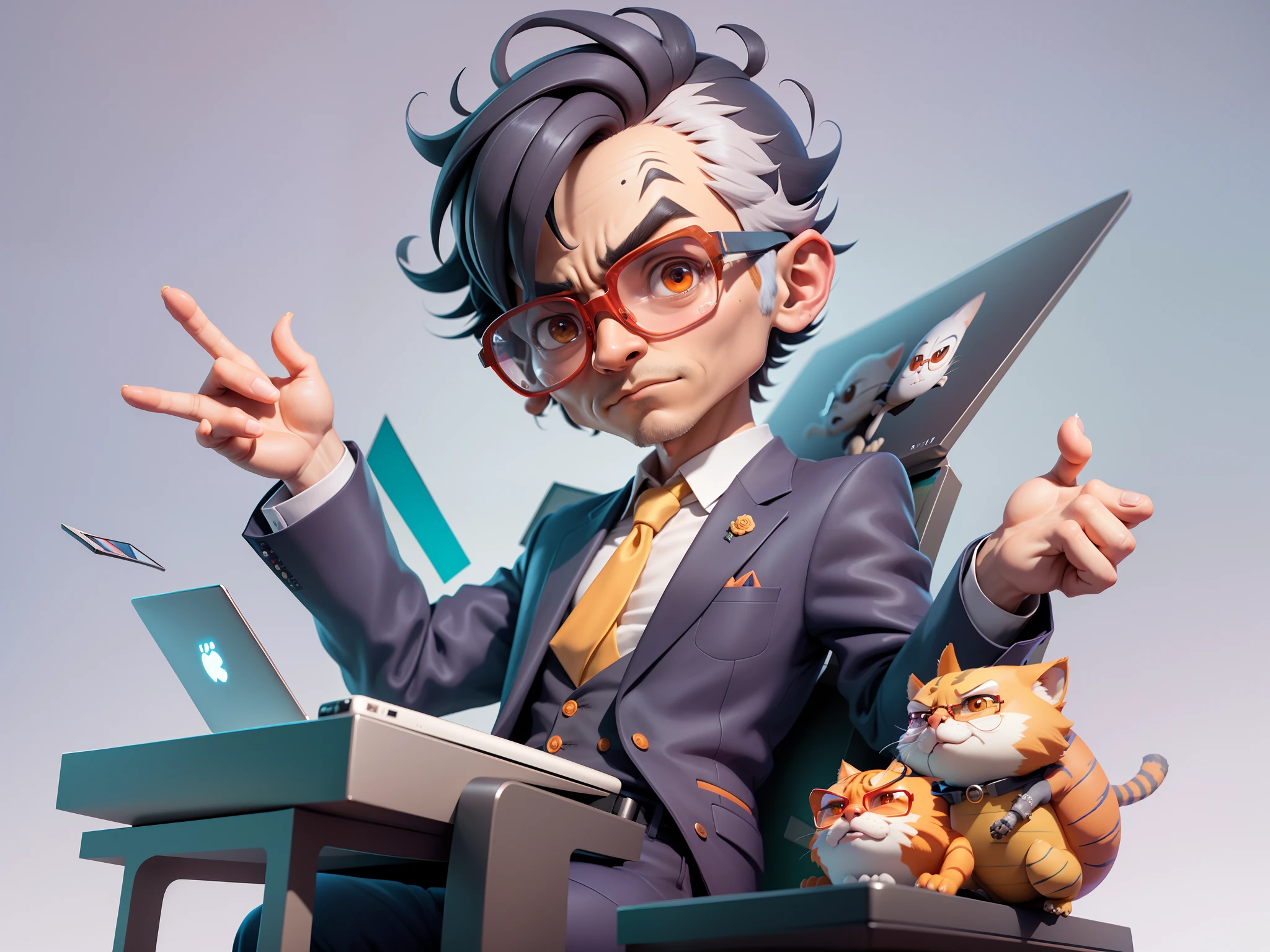 A young man in a suit, Short hair and glasses sat at his desk,holding laptop,digitial painting,tigre,3D character design by Mark Clairen and Pixar and Hayao Miyazaki and Akira Toriyama,4K HD illustration,Very detailed facial features and cartoon-style visuals。
