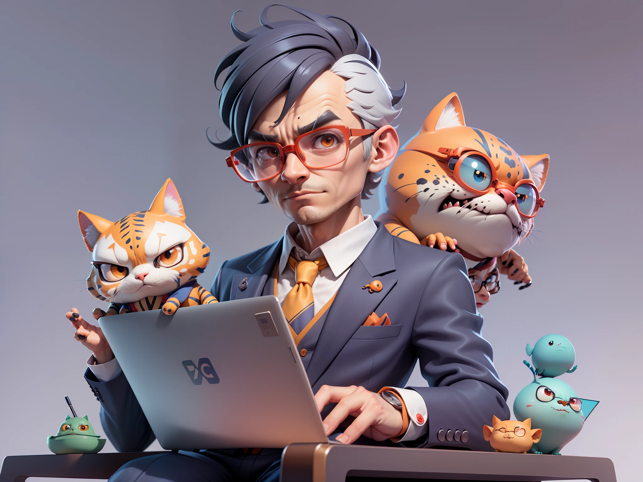 A young man in a suit, Short hair and glasses sat at his desk,holding laptop,digitial painting,tigre,3D character design by Mark Clairen and Pixar and Hayao Miyazaki and Akira Toriyama,4K HD illustration,Very detailed facial features and cartoon-style visuals。