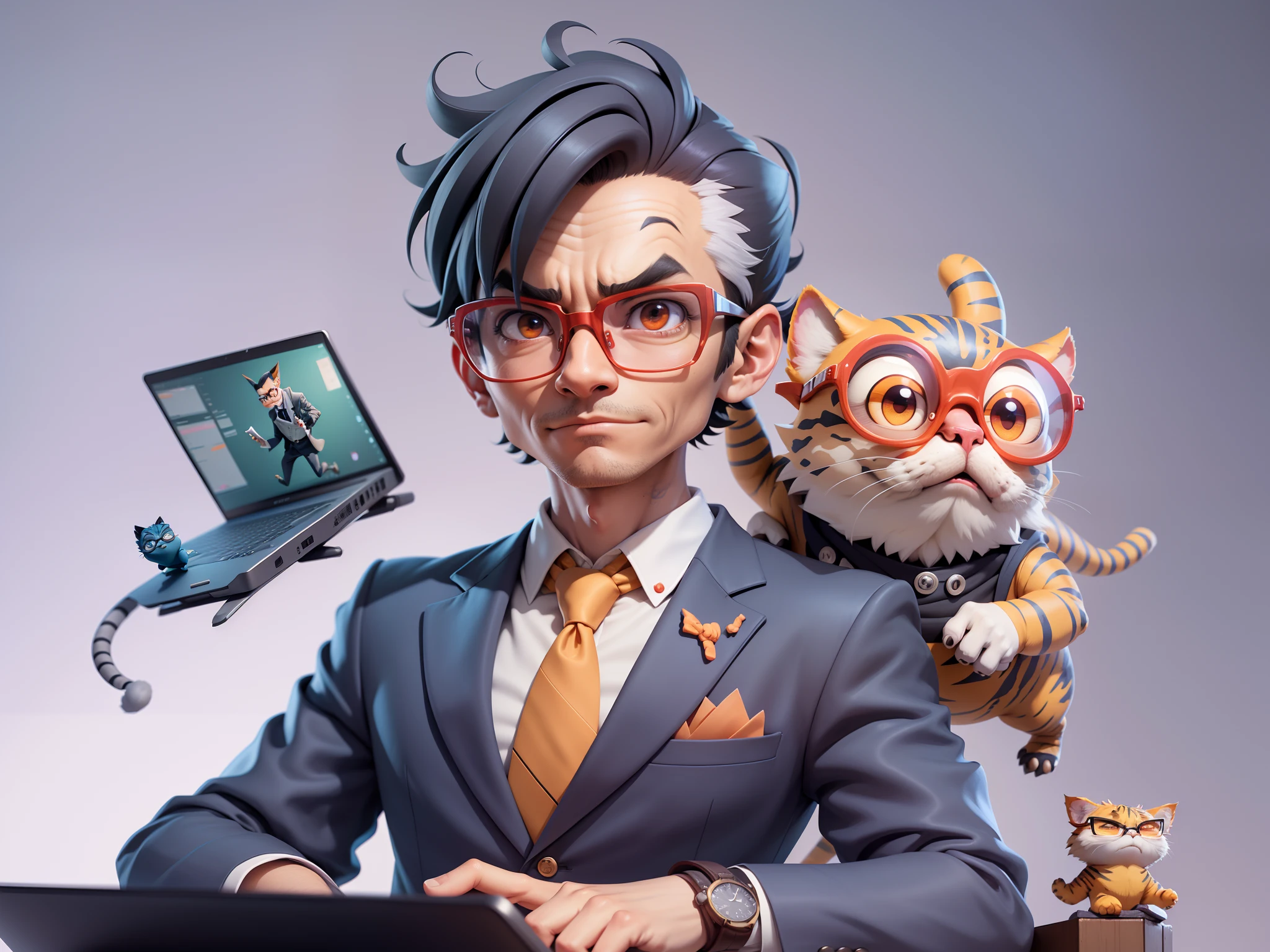 A young man in a suit, Short hair and glasses sat at his desk,holding laptop,digitial painting,tigre,3D character design by Mark Clairen and Pixar and Hayao Miyazaki and Akira Toriyama,4K HD illustration,Very detailed facial features and cartoon-style visuals。