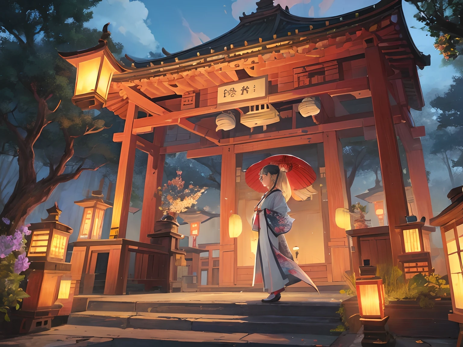 buliding, east asian architecture, scenecy, Lanterns, pagoda, exteriors, Skysky, paper lanterns, clouds, The bird, build, The tree, standing on your feet, mont, bru, halter, A girl holds an oil-paper umbrella, daysies, tmasterpiece, Best quality at best,eventide,Hanfu,