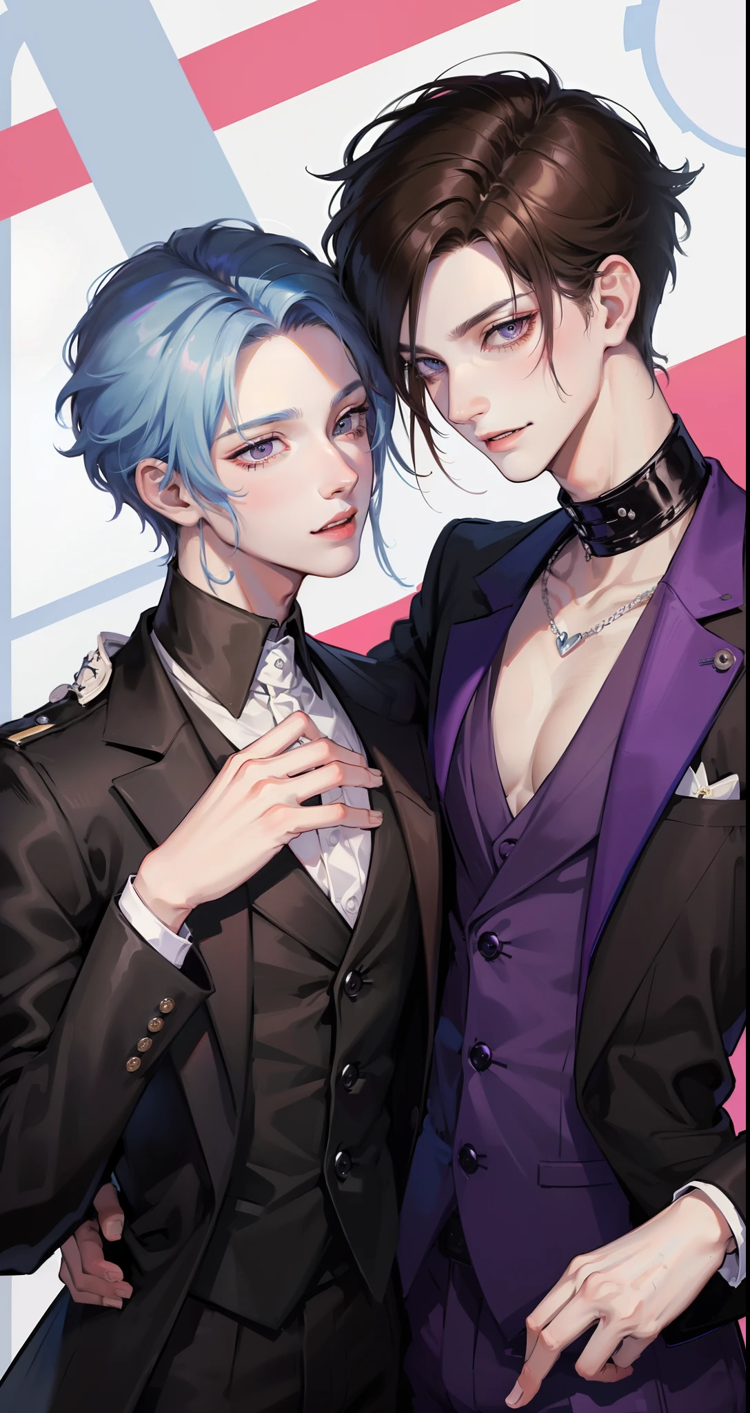 ​masterpiece, top-quality, 2Others, Male couple, 1 man and 1,, Adults, Height difference, different fashion, different color, finely eye and detailed face, intricate detailes, Black Butler Fashion, Modern urban streets, A smile, Happiness, tenderness, queers, Boys Love, high-level image quality、 Two beautiful men、tall、The upper part of the body、nightfall、nighttime scene、𝓡𝓸𝓶𝓪𝓷𝓽𝓲𝓬、Korean Male, k pop, Professional Photos, Vampires, Fedoman with necklace, inspired by Sim Sa-jeong, androgynous vampire, :9 detailed face: 8, extra detailed face, detailed punk hair, ((eyes are brown)) baggy eyes, Seductive. Highly detailed, semi realistic anime, Vampire butler, hyperrealistic teen, delicate androgynous prince, imvu, short hair above the ears, Man with short hair, With a purple-haired man with a wild expression, Man with light blue hair with gentle expression, With a short-haired man with bright purple hair, Man with light blue hair, Movie Posters, Movie Photos