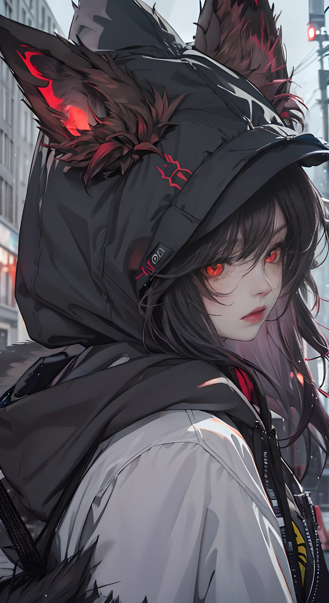 Glowing red eyes, brunette color hair, ,Black hoodie, Wolf ears, Wolf tail, Rainy day city background, Heavy atmosphere, closeup view，Black color hair，Tattooed with，White-colored skin